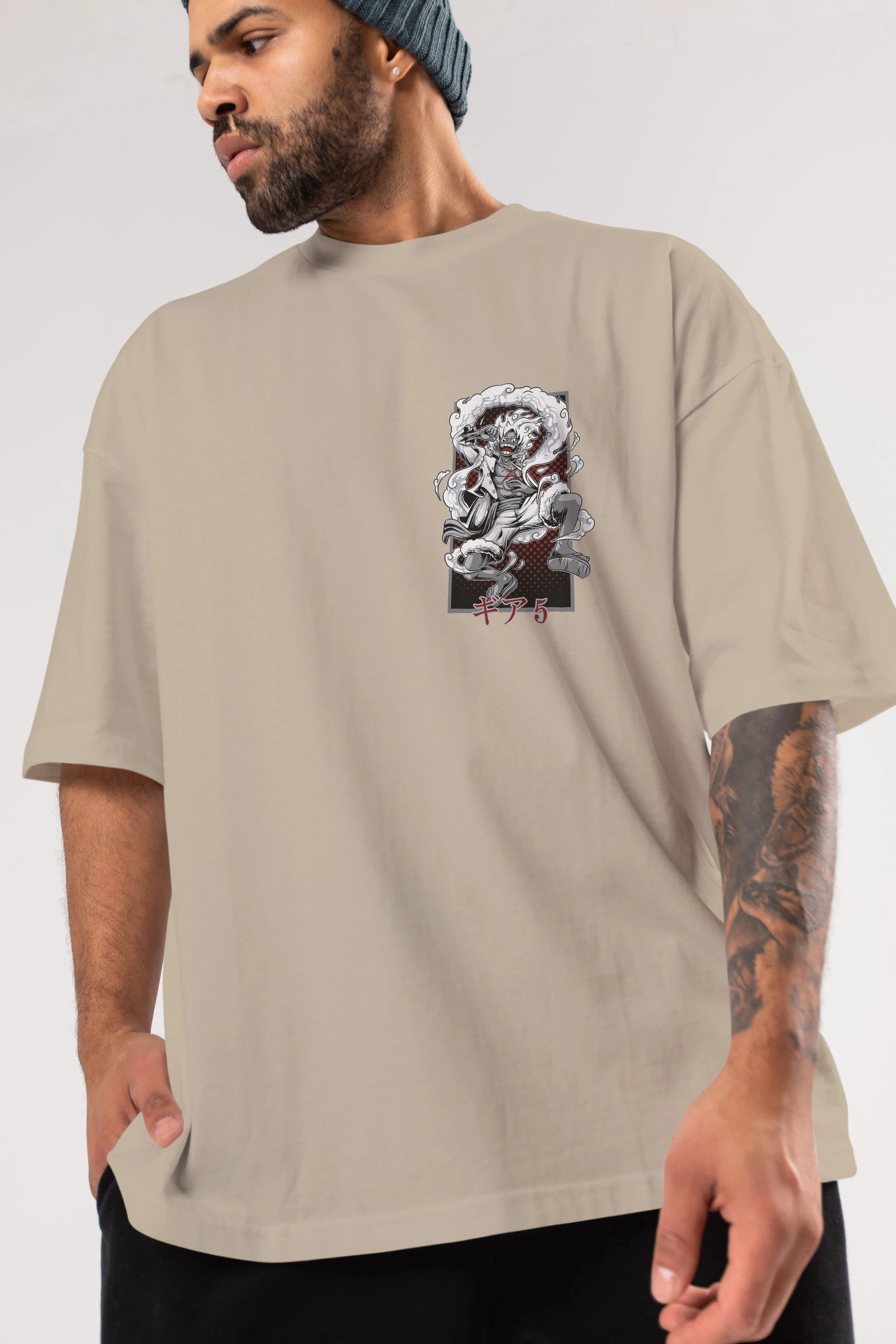 LUFFY GEAR 5 Ön Sol Baskılı Oversize t-shirt Erkek Kadın Unisex %100 Pamuk Bisiklet Yaka tişort