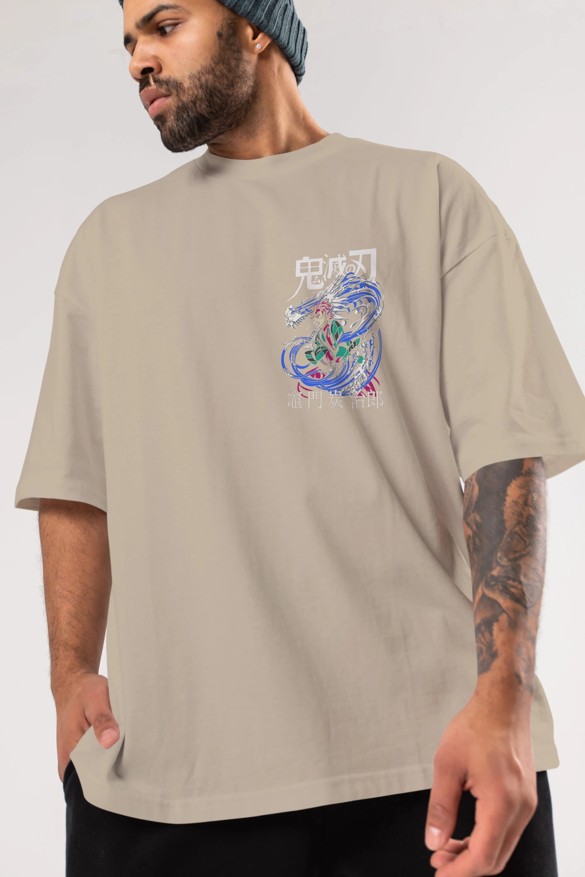 TANJIRO KAMADO 2 Ön Sol Baskılı Oversize t-shirt Erkek Kadın Unisex %100 Pamuk Bisiklet Yaka tişort