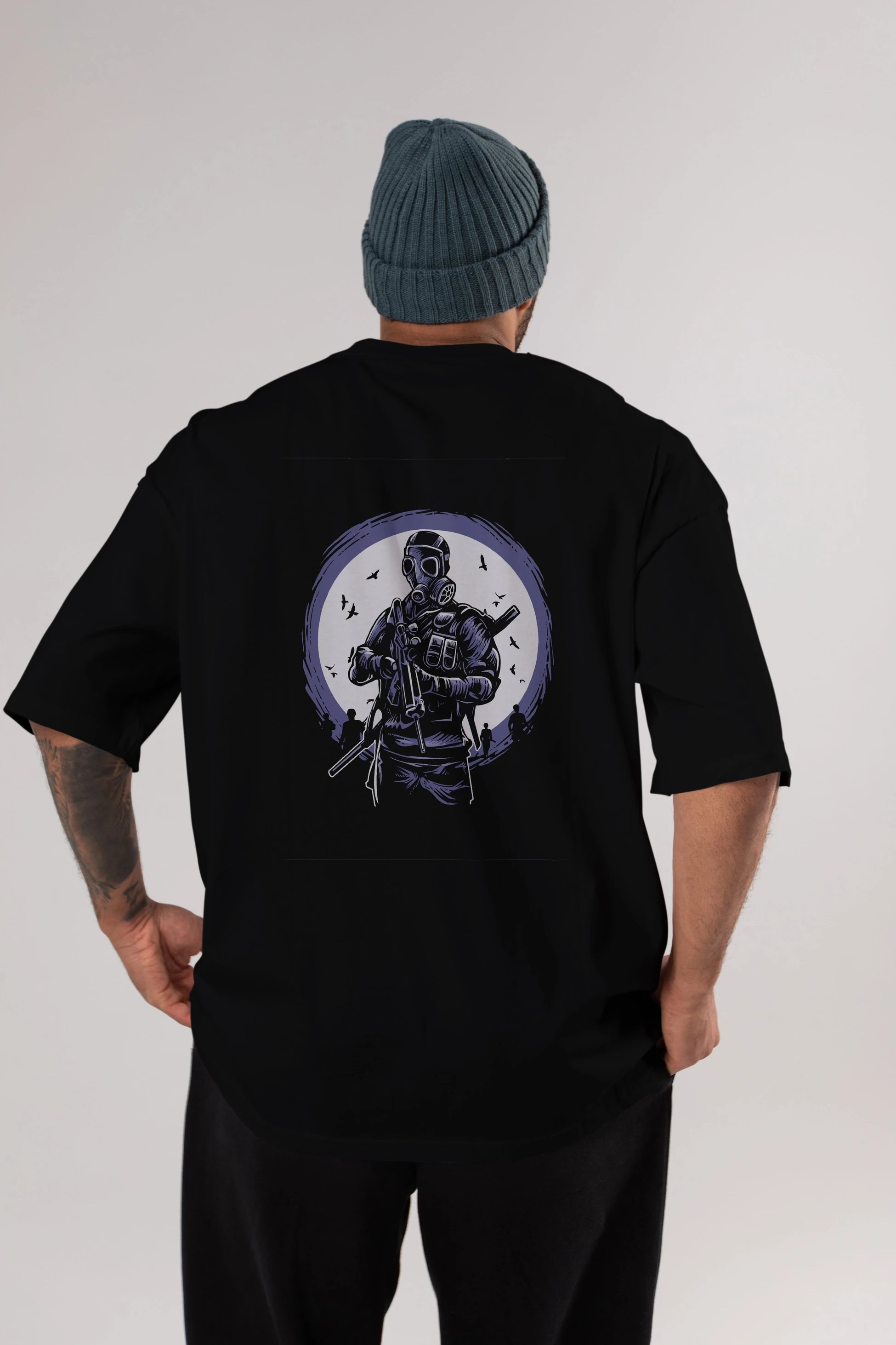 Gas Mask Soldier Arka Baskılı Oversize t-shirt Erkek Kadın Unisex %100 Pamuk