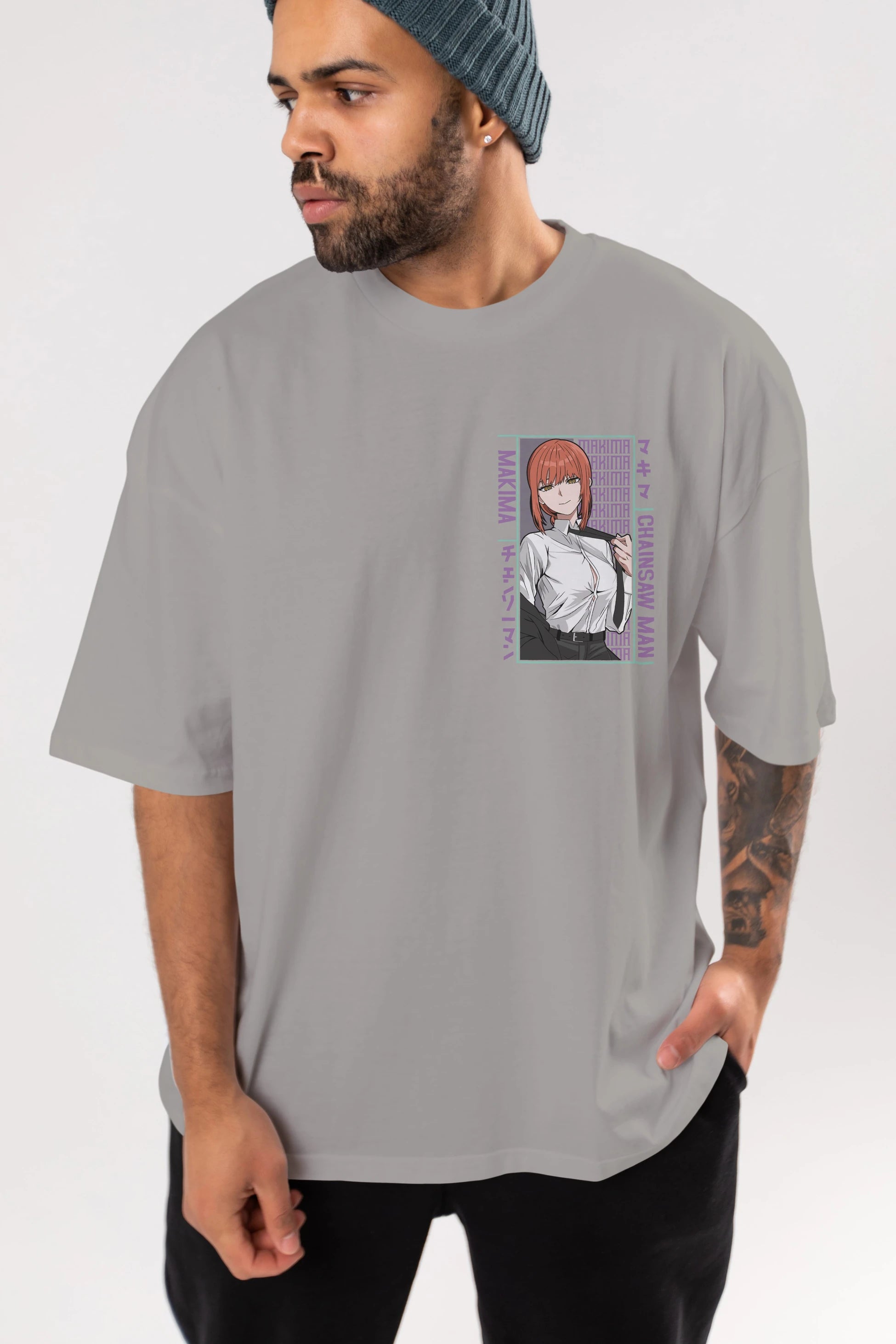 Makima Chain Saw Man Ön Sol Baskılı Oversize t-shirt Erkek Kadın Unisex %100 Pamuk Bisiklet Yaka tişort
