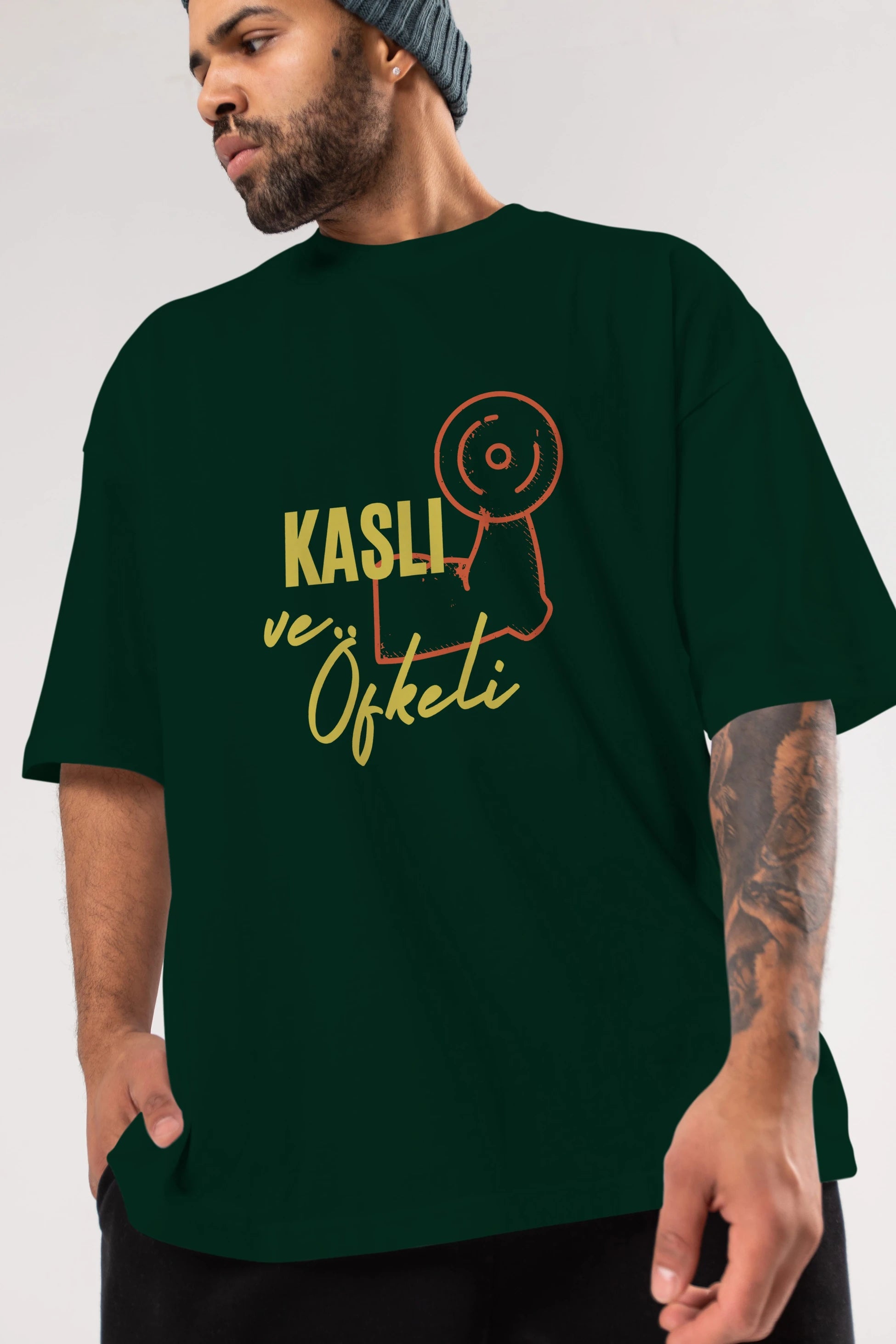 Kaslı ve Öfkeli Yazılı Ön Baskılı Oversize t-shirt Erkek Kadın Unisex