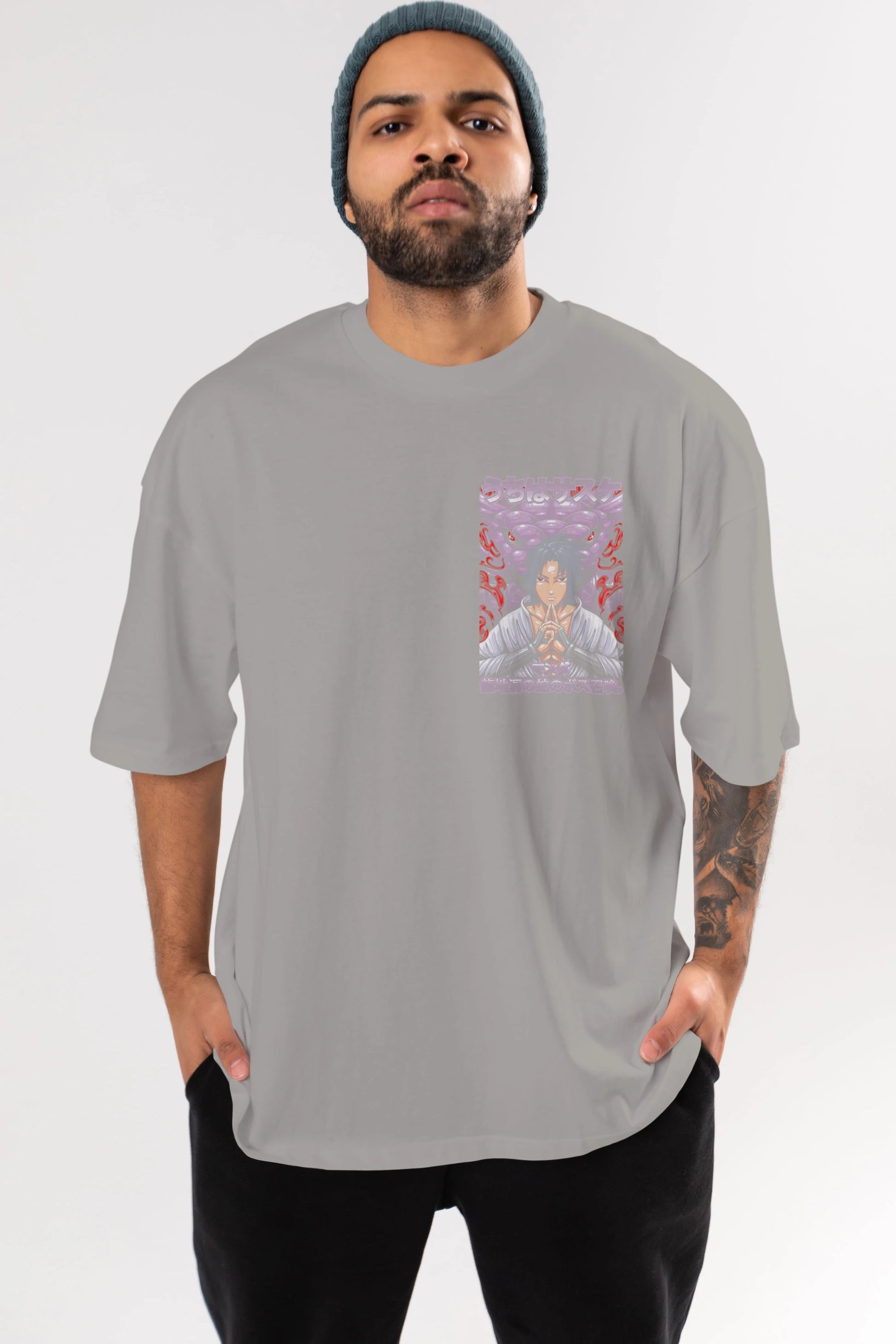 NARUTO SASUKE UCHIHA Ön Sol Baskılı Oversize t-shirt Erkek Kadın Unisex %100 Pamuk Bisiklet Yaka tişort