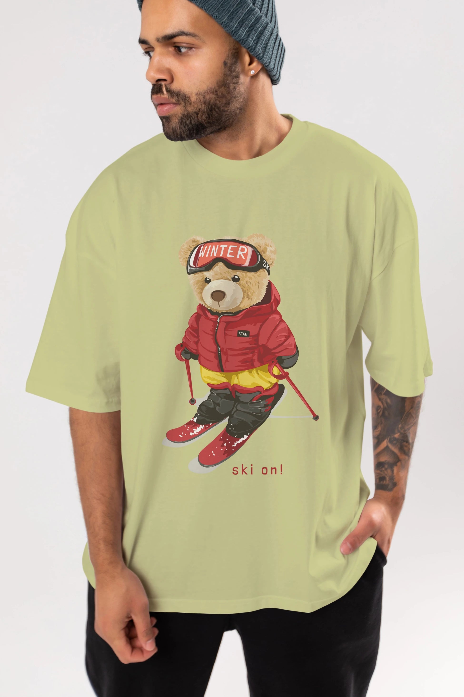 Teddy Bear Ski On Ön Baskılı Oversize t-shirt Erkek Kadın Unisex %100 Pamuk