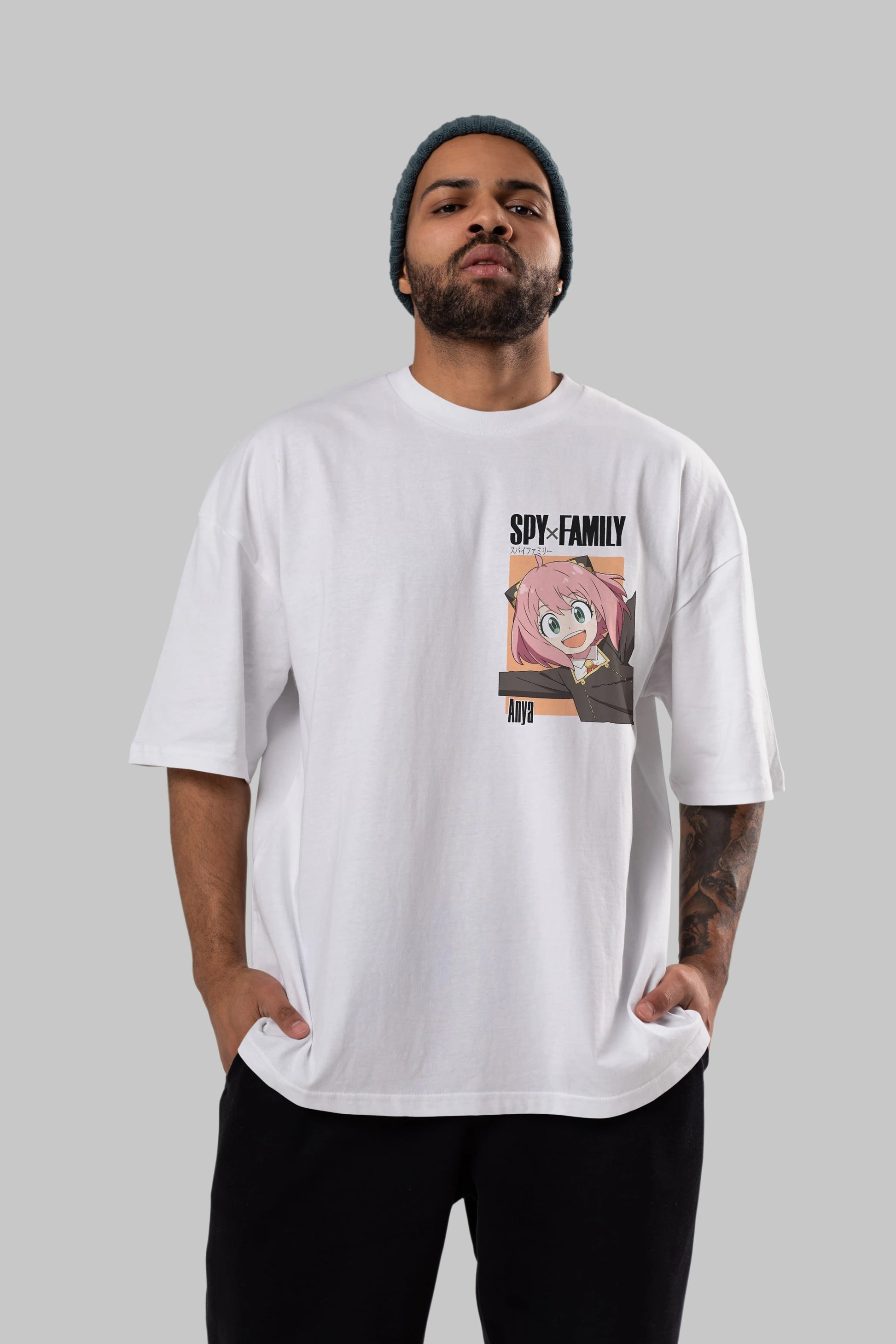 SPY X FAMILY Anya Ön Sol Baskılı Oversize t-shirt Erkek Kadın Unisex %100 Pamuk Bisiklet Yaka tişort