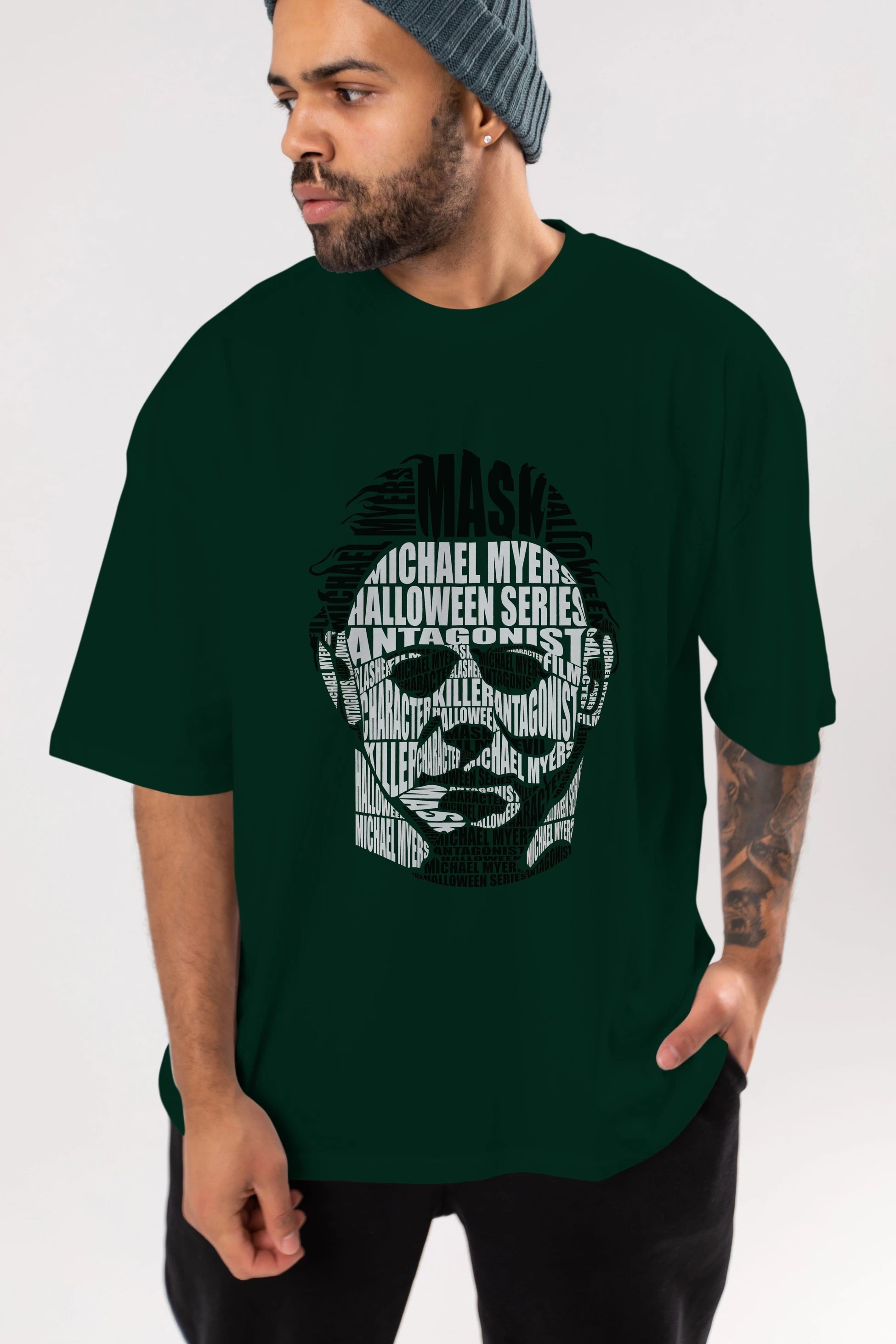 Michael Myers Calligram Ön Baskılı Oversize t-shirt %100 pamuk Erkek Kadın Unisex