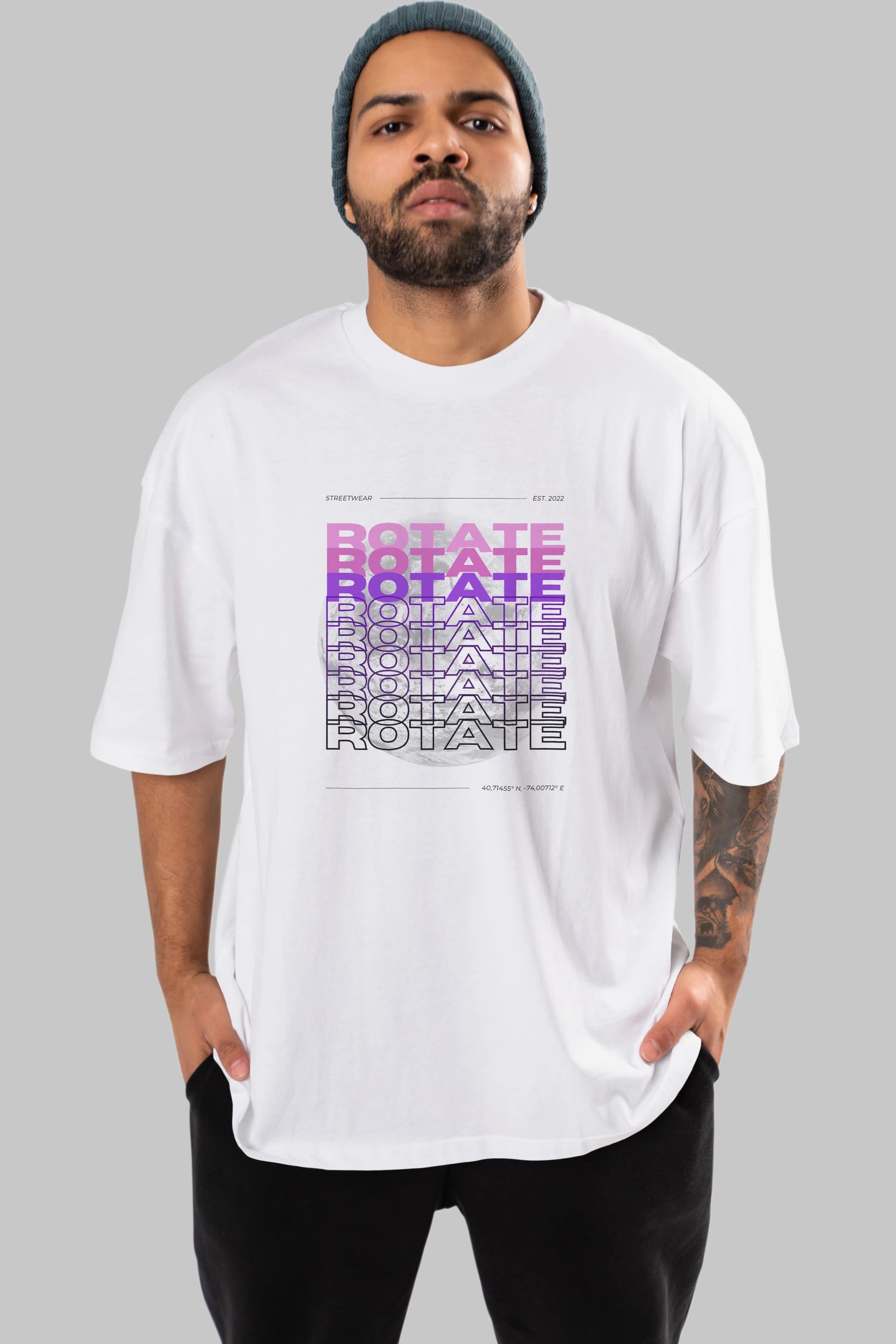 Rotate Yazılı Ön Baskılı Oversize t-shirt Erkek Kadın Unisex