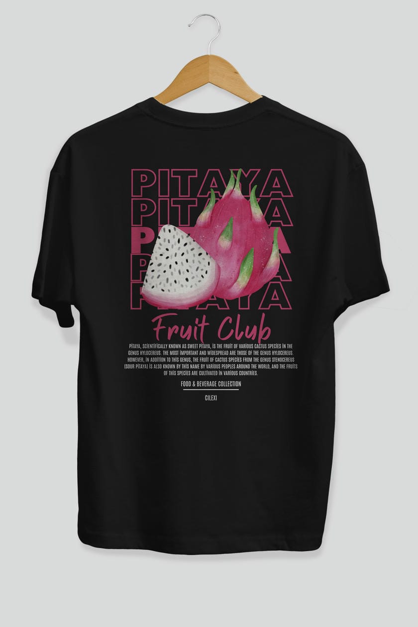 Pitaya Arka Baskılı Oversize t-shirt Erkek Kadın Pamuk Bisiklet Yaka tişort