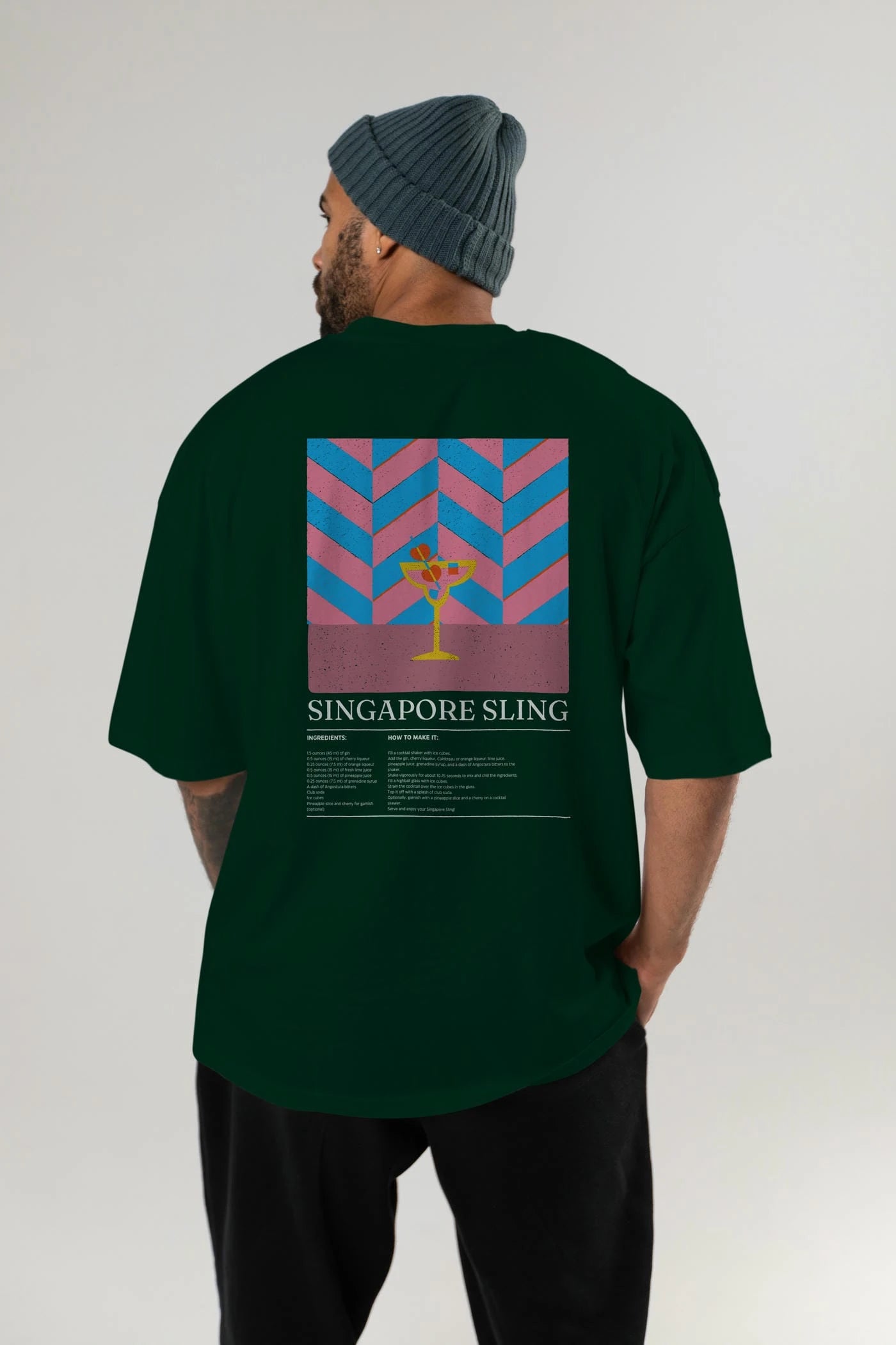 Singapore Sling Kokteyl Serisi Arka Baskılı Oversize t-shirt Erkek Kadın %100 Pamuk Bisiklet Yaka tişort