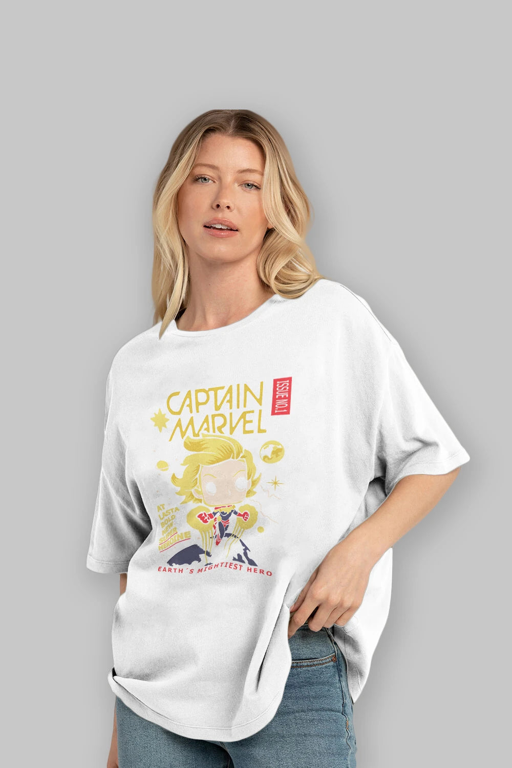 Captain Marvel Ön Baskılı Oversize t-shirt Erkek Kadın Unisex %100 Pamuk Bisiklet Yaka tişort
