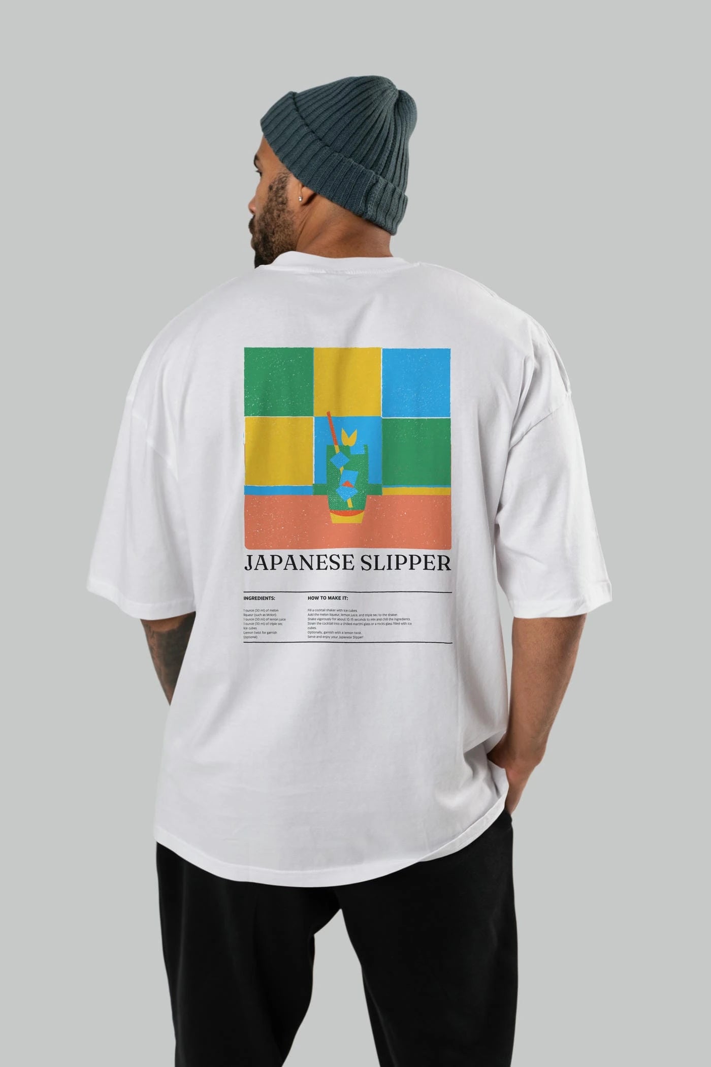 Japanese Slipper Kokteyl Serisi Arka Baskılı Oversize t-shirt Erkek Kadın %100 Pamuk Bisiklet Yaka tişort