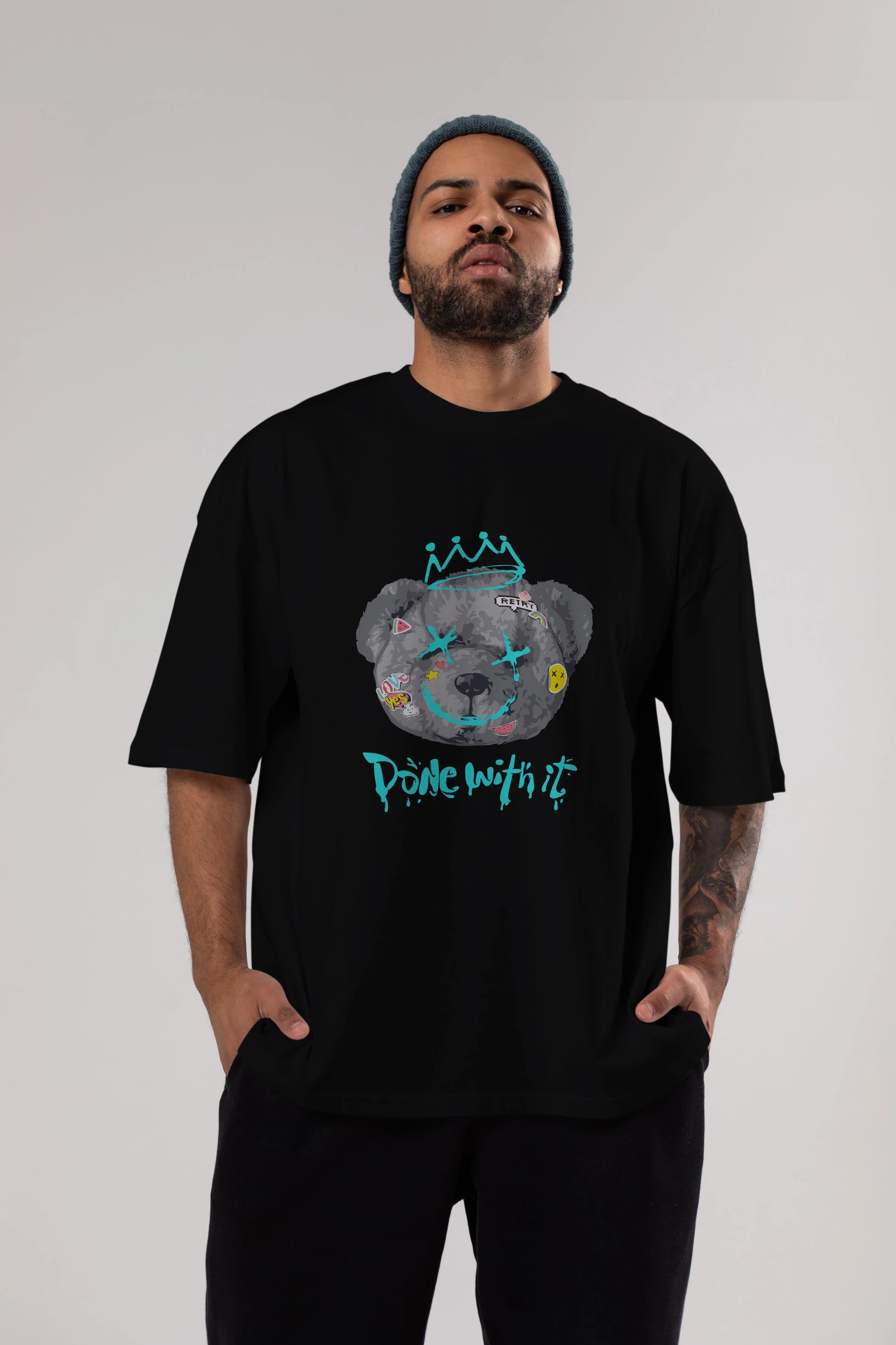 Done With it Bear Ön Baskılı Oversize t-shirt Erkek Kadın Unisex