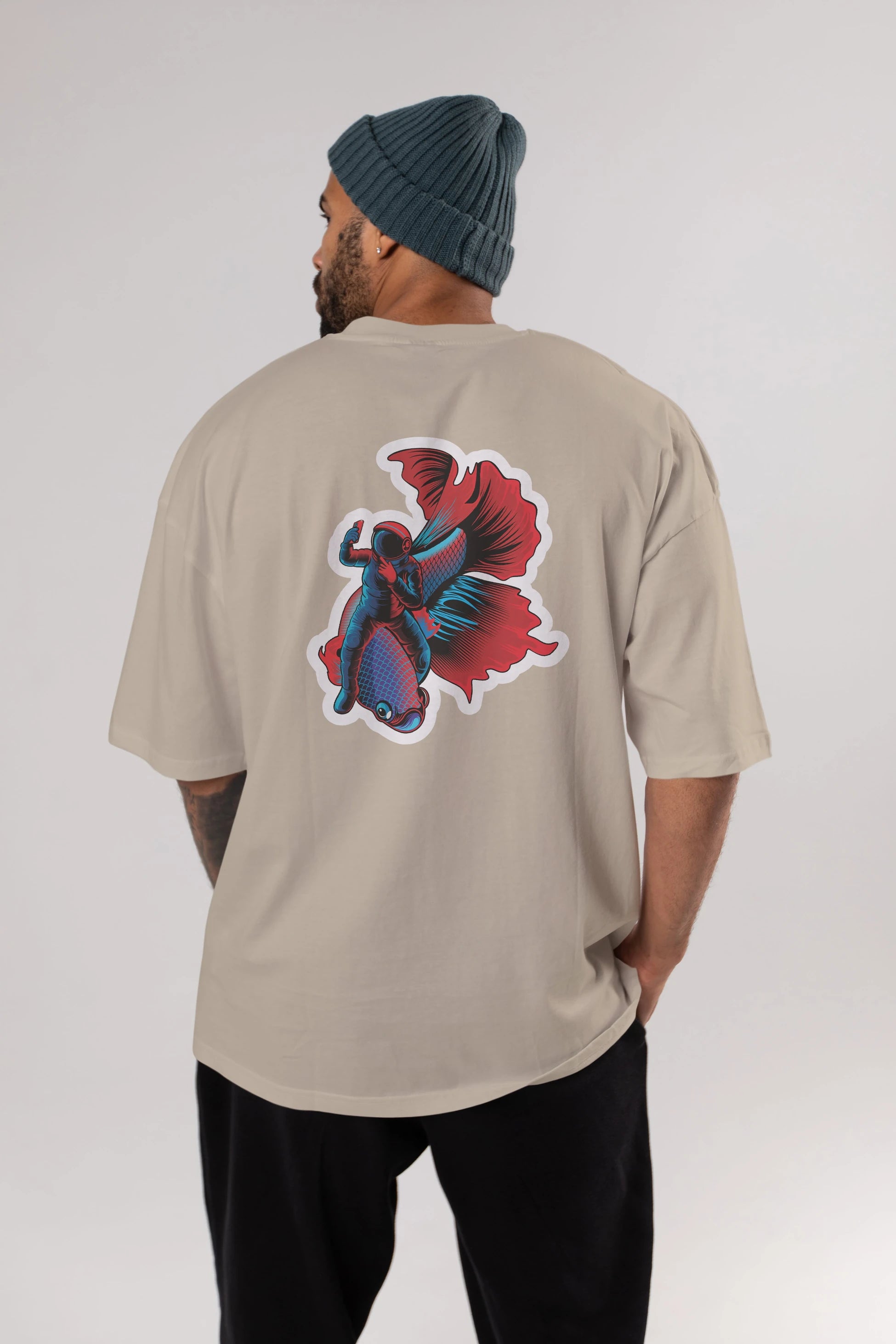 Astrofish selfie sticker Arka Baskılı Oversize t-shirt Erkek Kadın Unisex