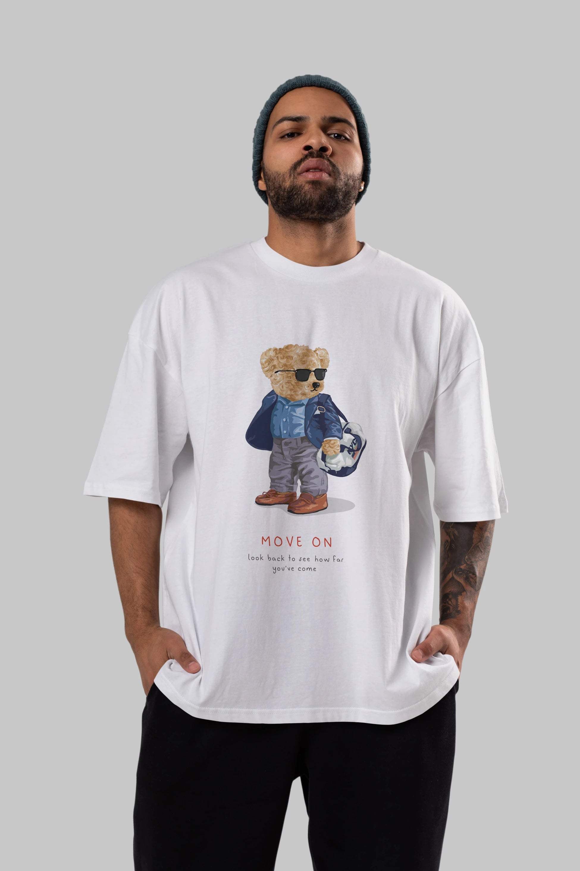 Teddy Bear Move On Ön Baskılı Oversize t-shirt Erkek Kadın Unisex %100 Pamuk