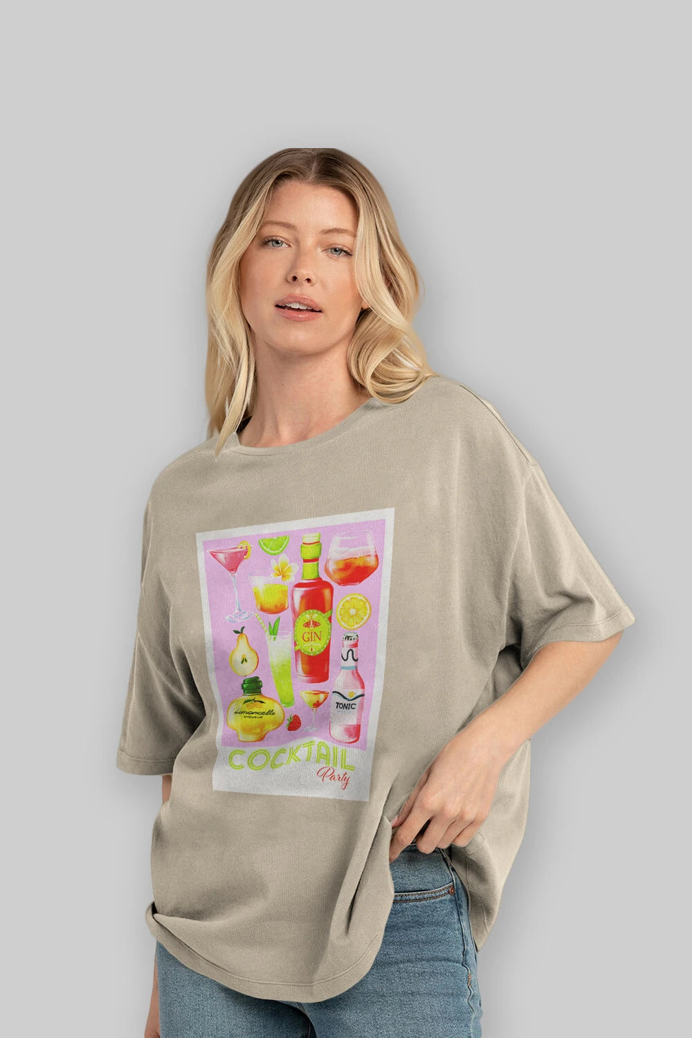 Cocktail Party Ön Baskılı Oversize t-shirt Erkek Kadın Unisex %100 Pamuk Bisiklet Yaka tişort