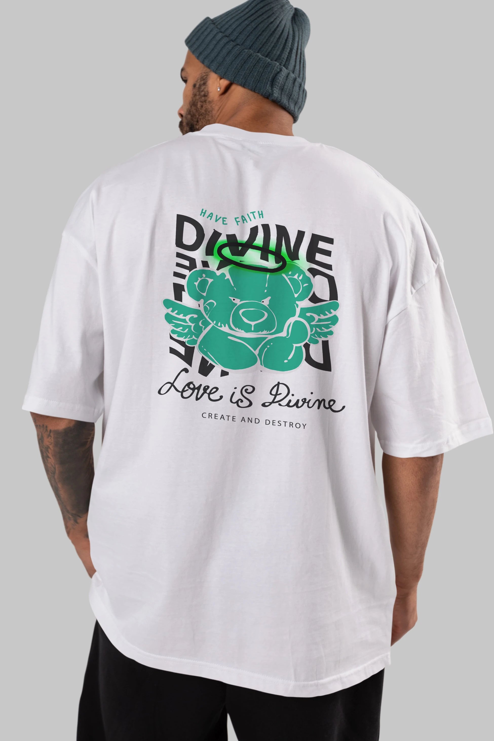Love is Divine Bear Arka Baskılı Oversize t-shirt Erkek Kadın Unisex