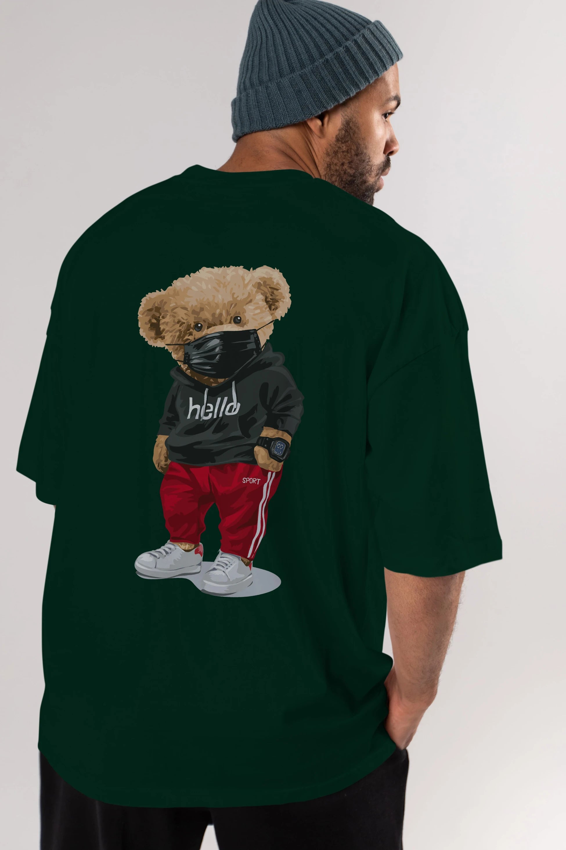 Teddy Bear Hello Sport Arka Baskılı Oversize t-shirt Erkek Kadın Unisex %100 Pamuk
