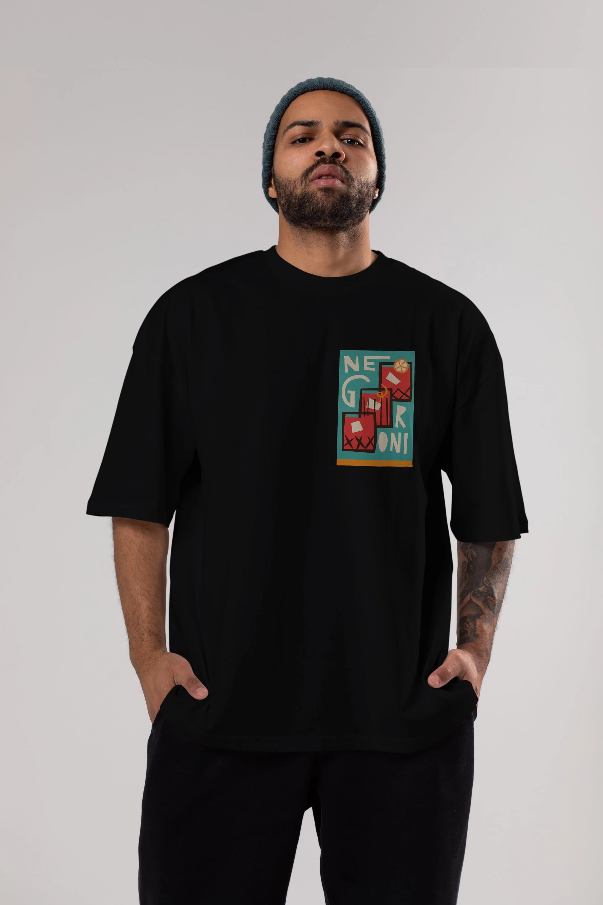 Negroni 3 Ön Sol Baskılı Oversize t-shirt Erkek Kadın Unisex %100 Pamuk Bisiklet Yaka tişort