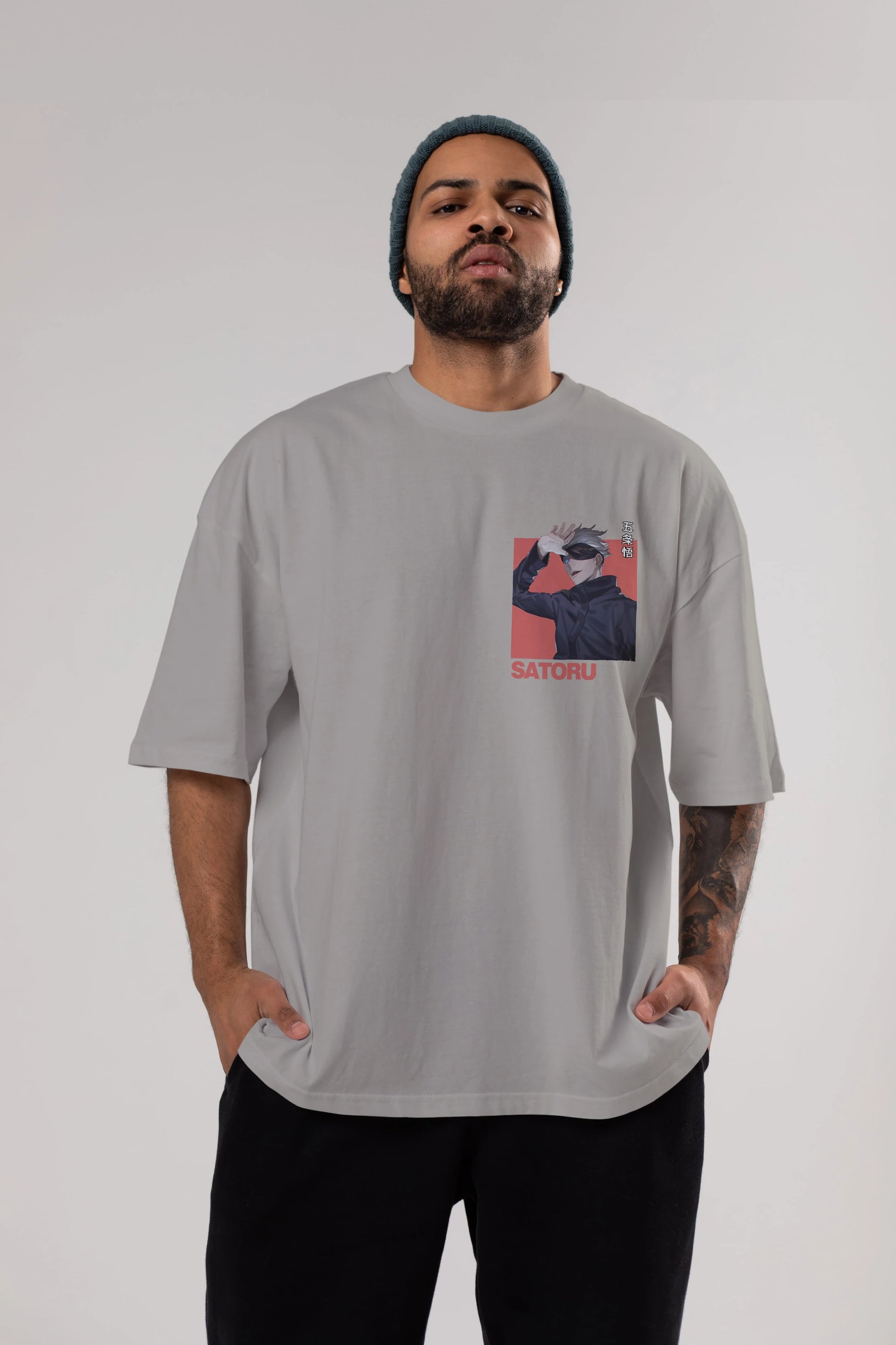 SATORU GOJO 2 Ön Sol Baskılı Oversize t-shirt Erkek Kadın Unisex %100 Pamuk Bisiklet Yaka tişort