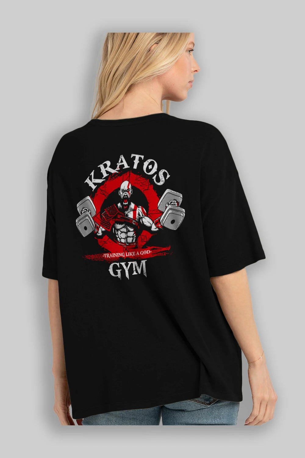 Kratos GYM Arka Baskılı Oversize t-shirt Erkek Kadın Unisex %100 Pamuk Bisiklet Yaka tişort