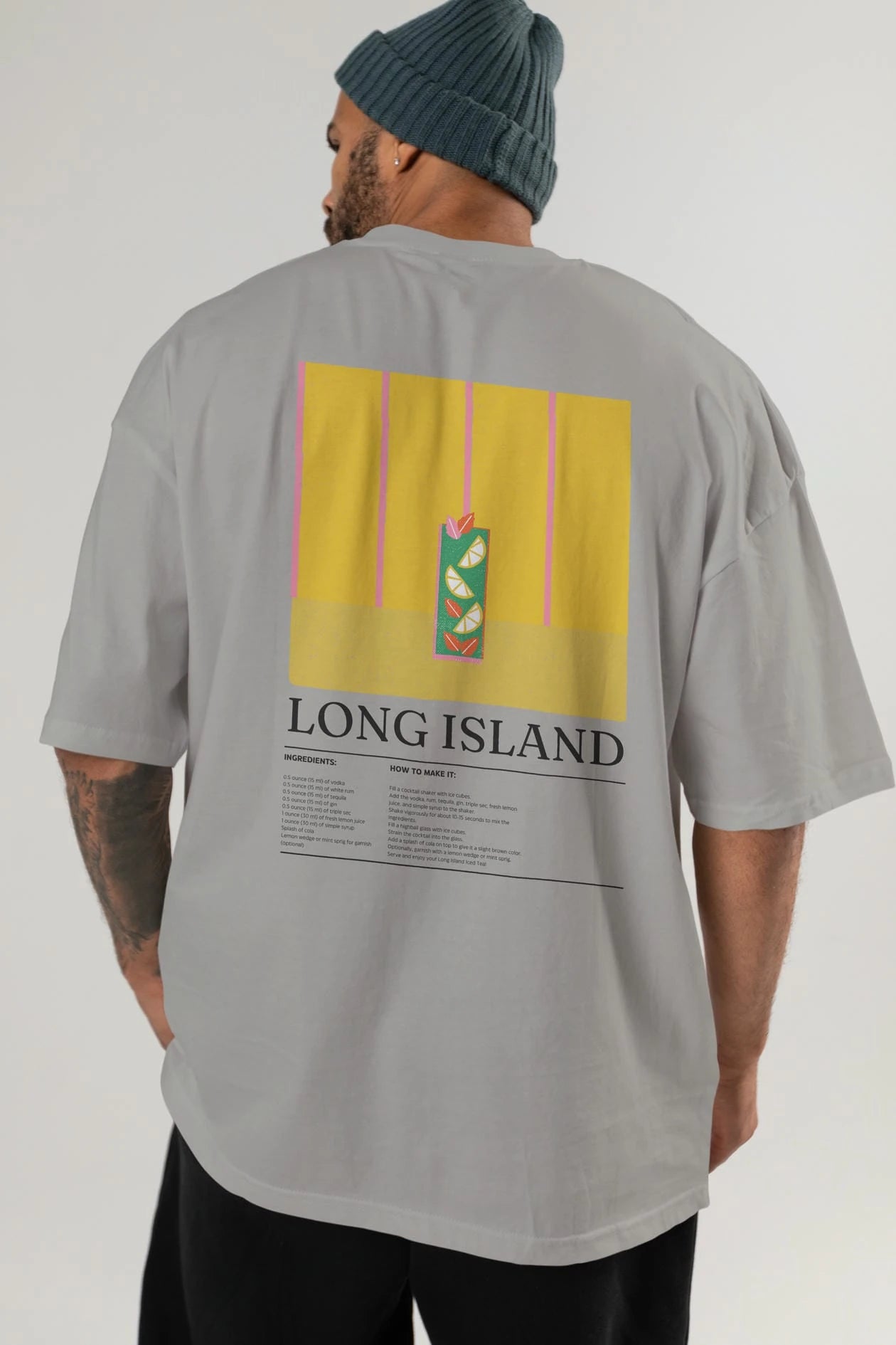 Long Island Kokteyl Serisi Arka Baskılı Oversize t-shirt Erkek Kadın %100 Pamuk Bisiklet Yaka tişort