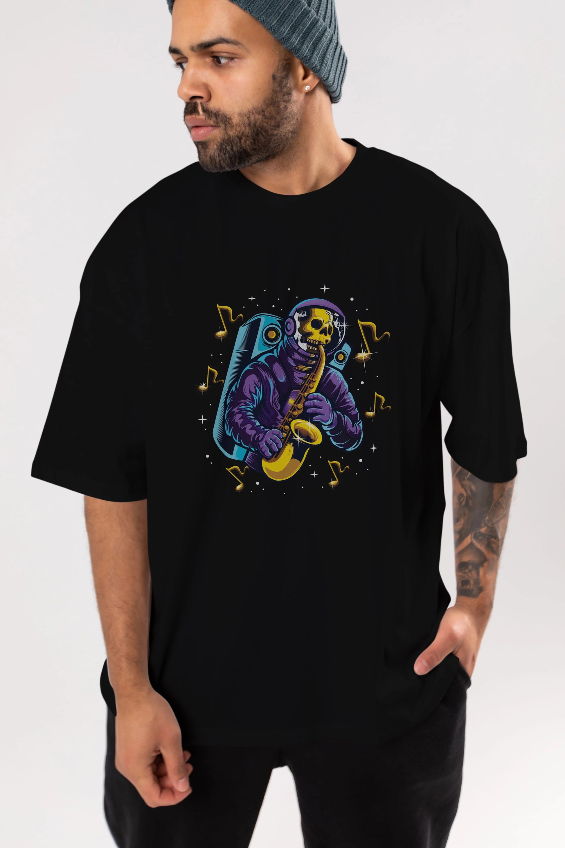 Astroskull Saxophonist Ön Baskılı Oversize t-shirt Erkek Kadın Unisex