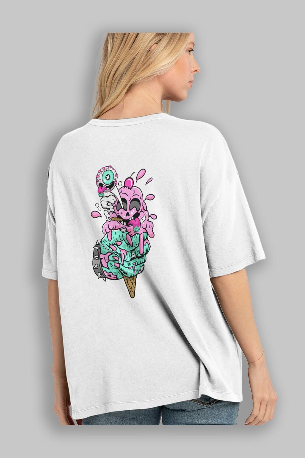 Ice Cream Zombie Arka Baskılı Oversize t-shirt Erkek Kadın Unisex %100 Pamuk tişort