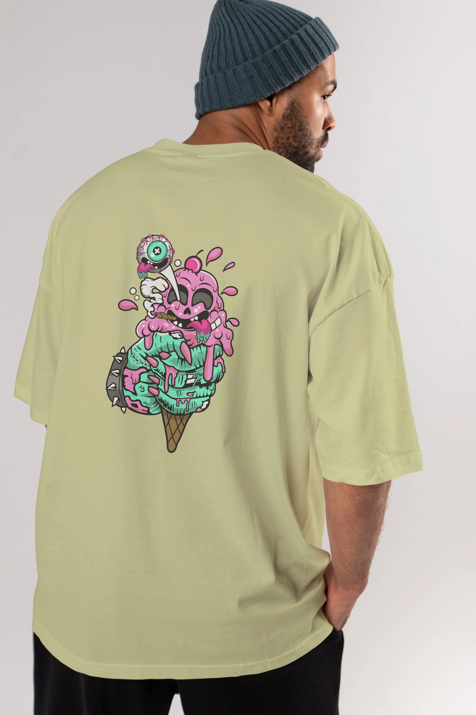 Ice Cream Zombie Arka Baskılı Oversize t-shirt Erkek Kadın Unisex %100 Pamuk tişort