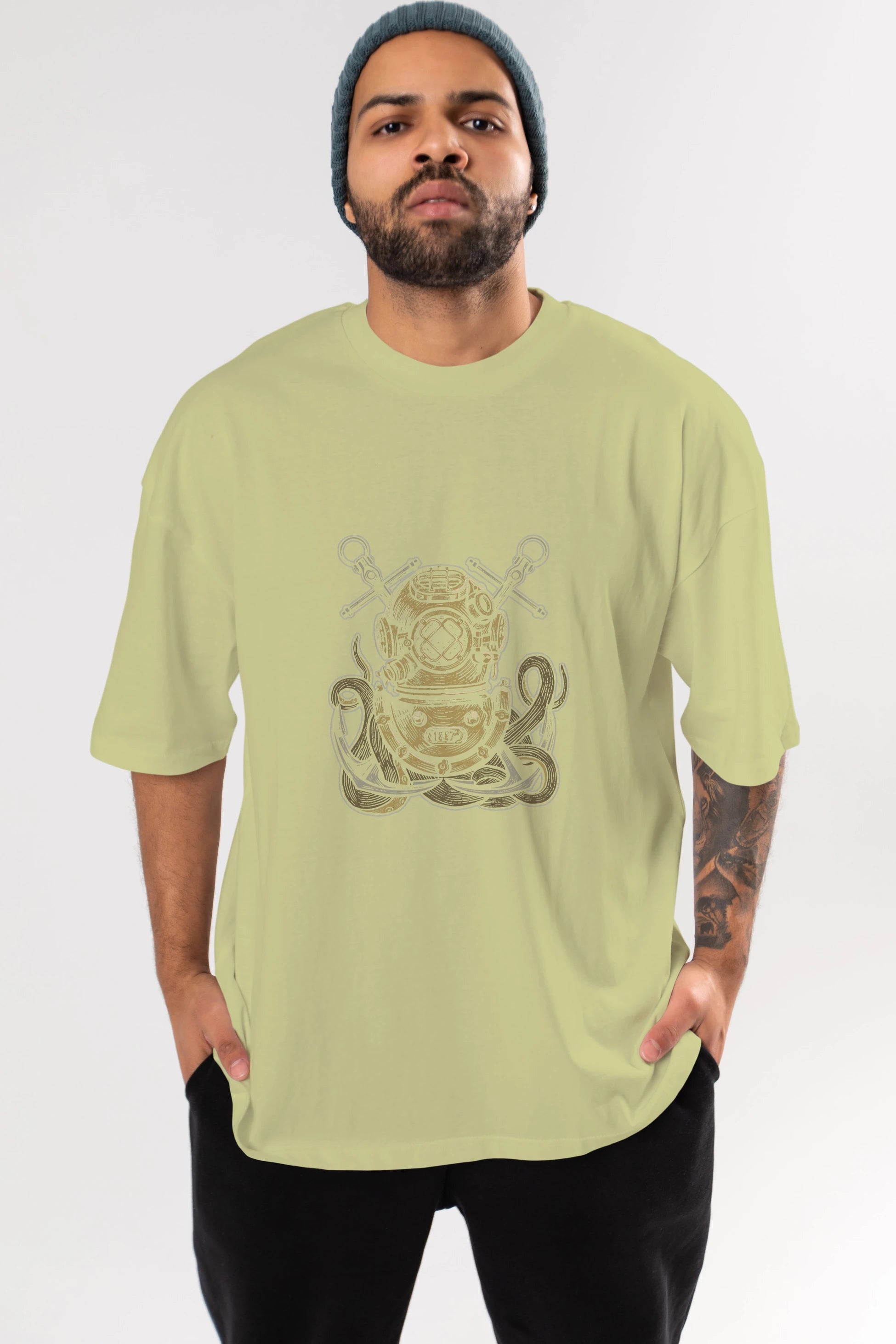 Diver Octopus Ön Baskılı Oversize t-shirt Erkek Kadın Unisex %100 Pamuk tişort