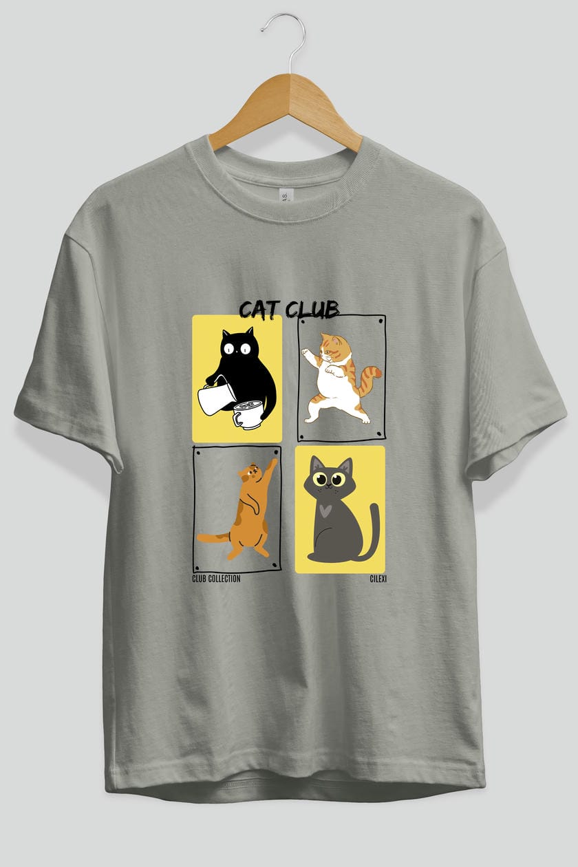 Cat Club ön Baskılı Oversize t-shirt Erkek Kadın %100 Pamuk Bisiklet Yaka tişort