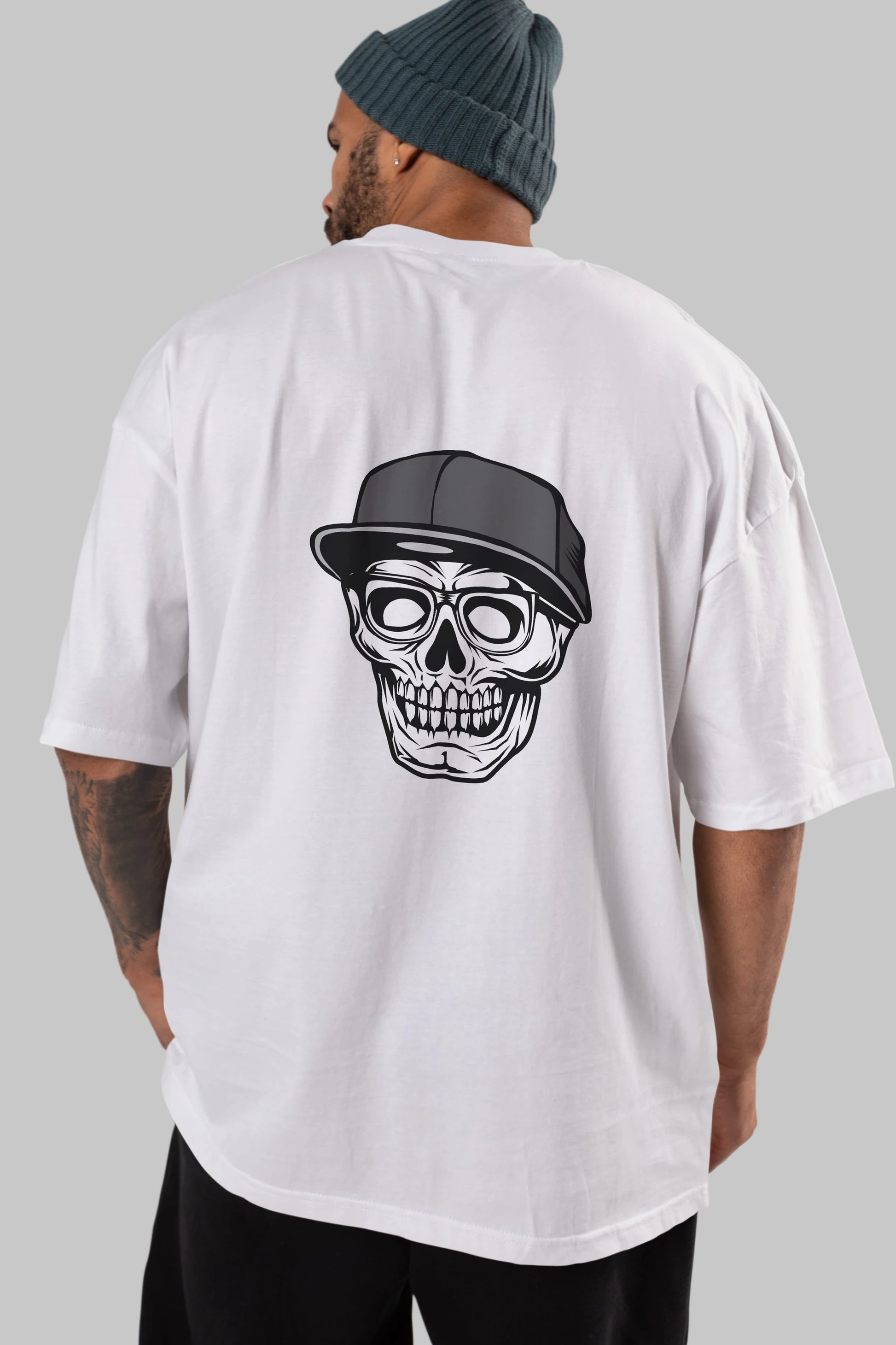Skull With Hat Arka Baskılı Oversize t-shirt Erkek Kadın Unisex %100 Pamuk tişort