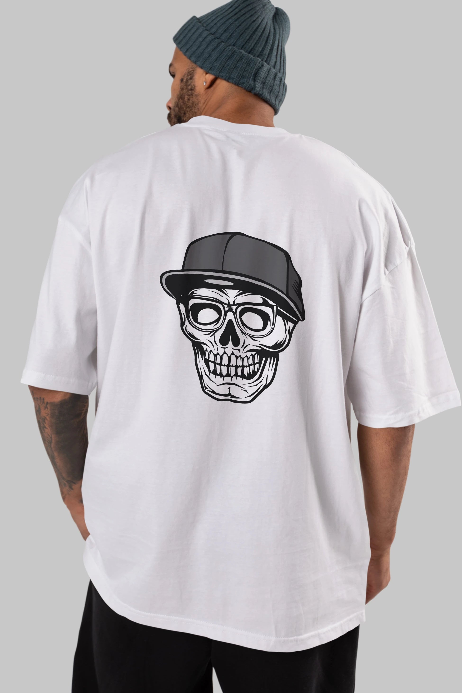 Skull With Hat Arka Baskılı Oversize t-shirt Erkek Kadın Unisex %100 Pamuk tişort
