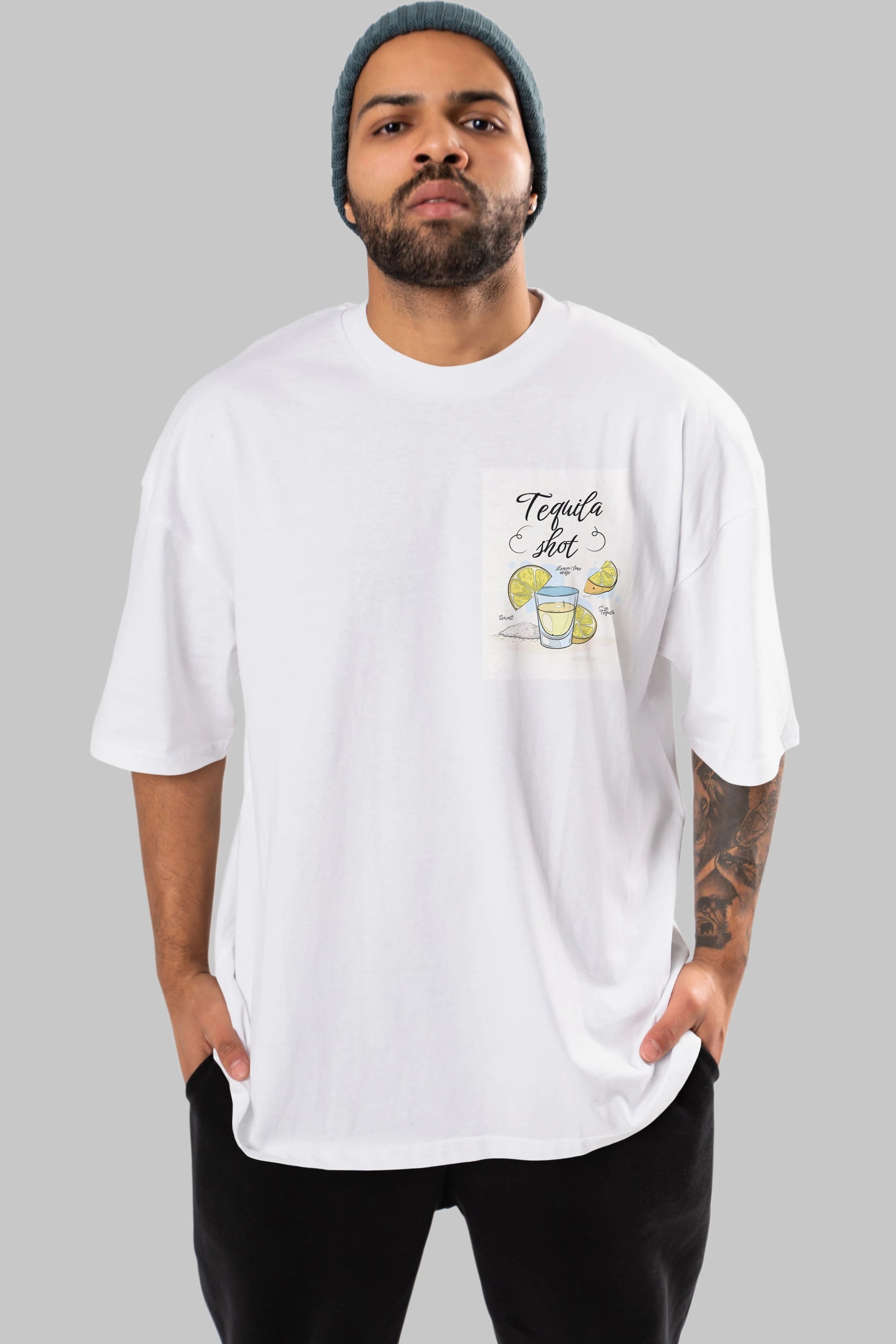 Tequila Shot Ön Sol Baskılı Oversize t-shirt Erkek Kadın Unisex %100 Pamuk Bisiklet Yaka tişort