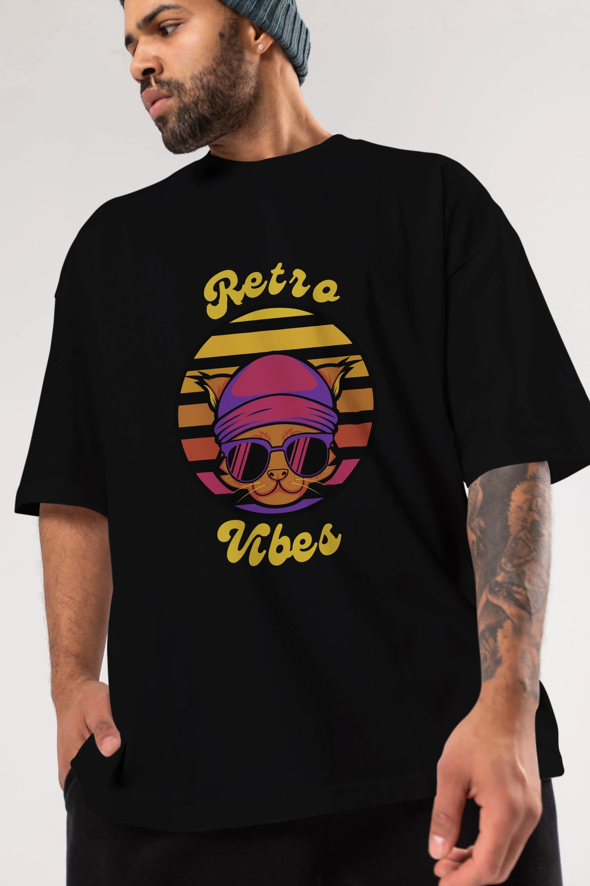 Cat Retro Vibes Ön Baskılı Oversize t-shirt Erkek Kadın Unisex