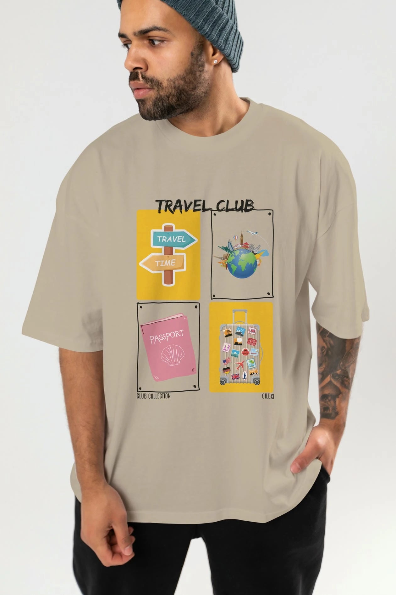 Travel Club ön Baskılı Oversize t-shirt Erkek Kadın %100 Pamuk Bisiklet Yaka tişort