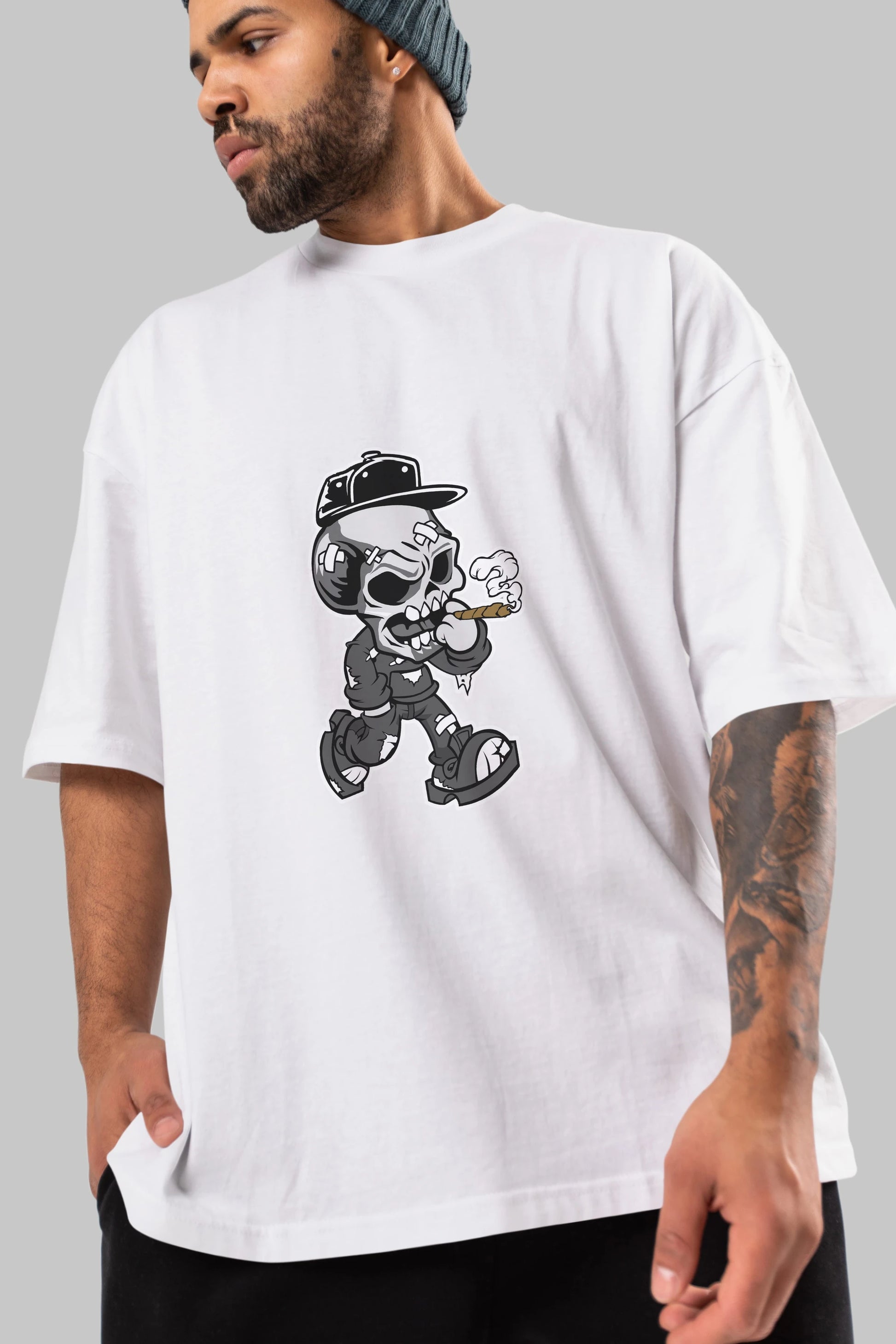Skull Smoker Ön Baskılı Oversize t-shirt Erkek Kadın Unisex %100 Pamuk tişort
