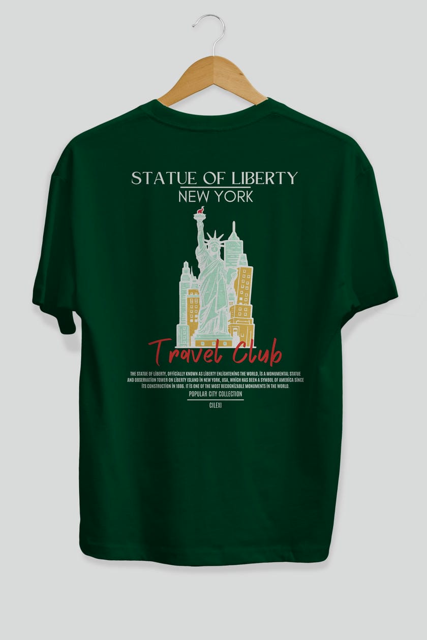 Statue Of Liberty New York Arka Baskılı Oversize t-shirt Erkek Kadın Pamuk Bisiklet Yaka tişort