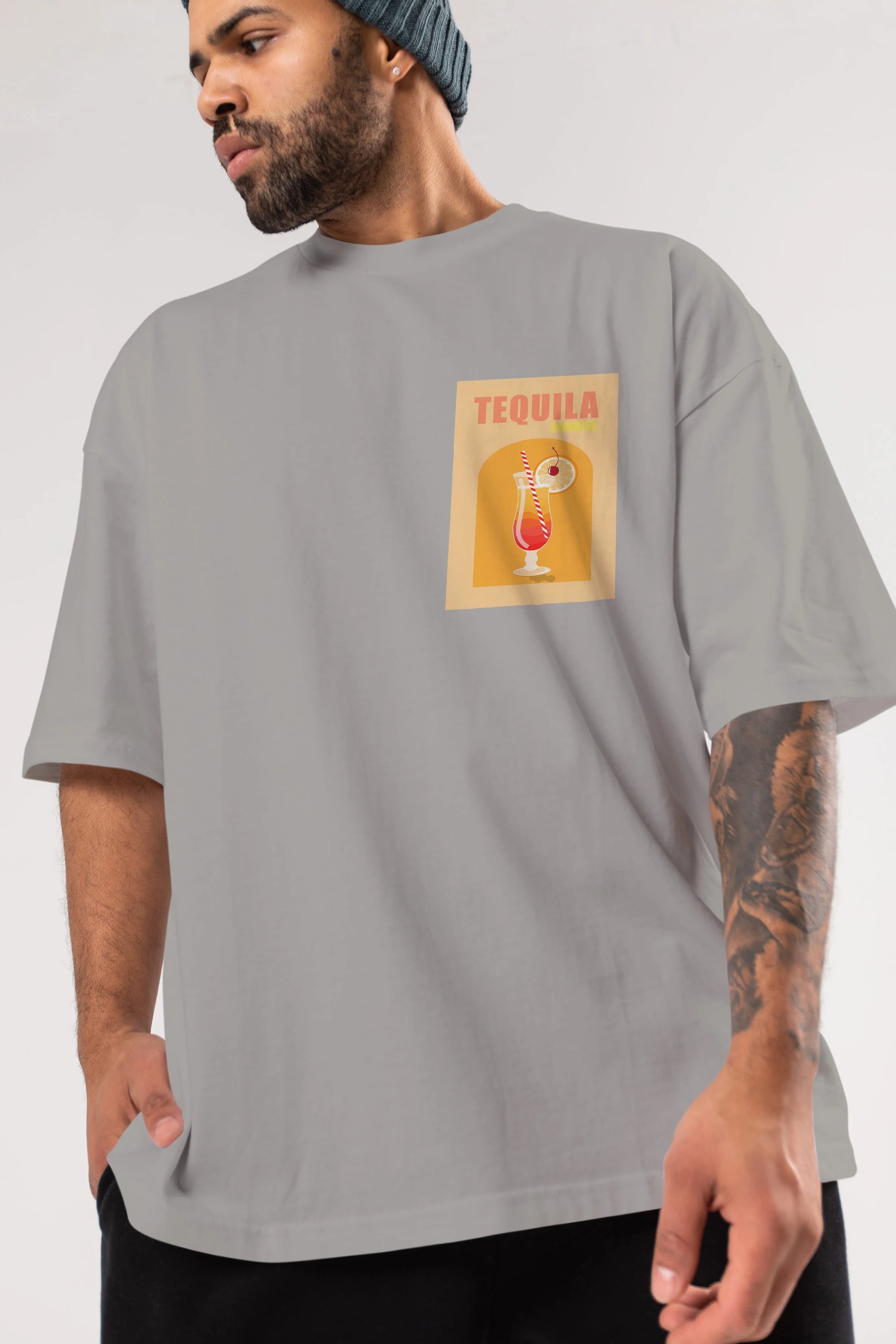 Tequila Sunrise Ön Sol Baskılı Oversize t-shirt Erkek Kadın Unisex %100 Pamuk Bisiklet Yaka tişort