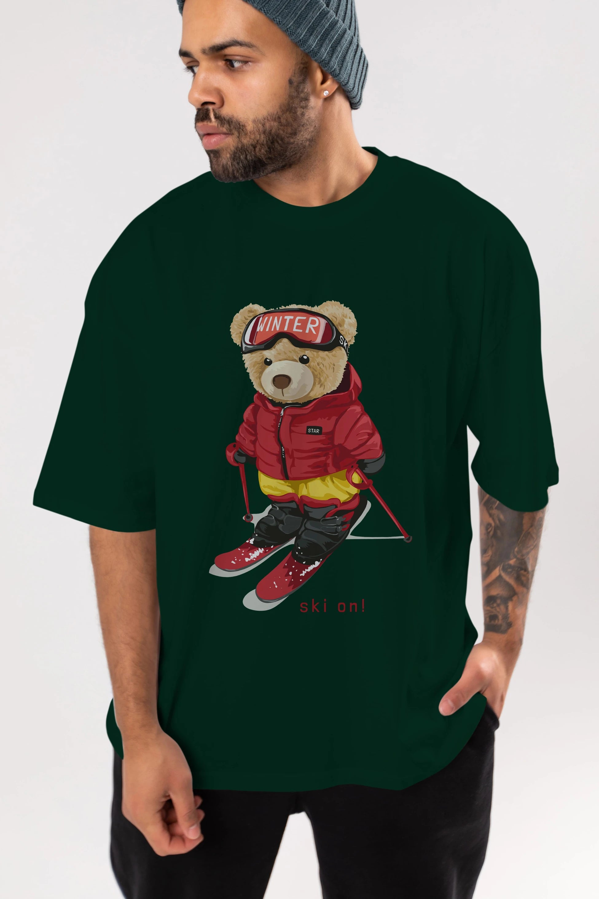 Teddy Bear Ski On Ön Baskılı Oversize t-shirt Erkek Kadın Unisex %100 Pamuk