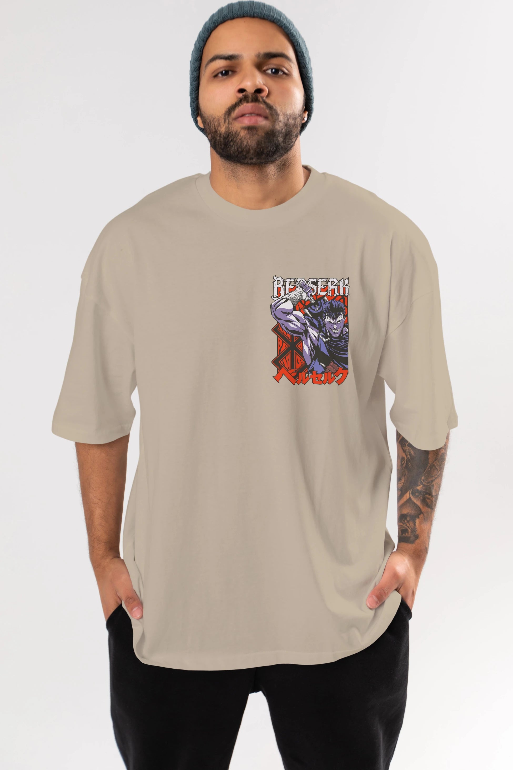 GUTS berserk Ön Sol Baskılı Oversize t-shirt Erkek Kadın Unisex %100 Pamuk Bisiklet Yaka tişort