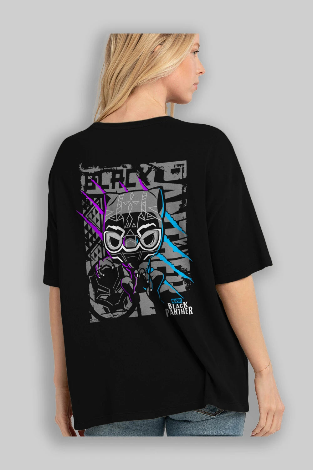 Black Panther Arka Baskılı Oversize t-shirt Erkek Kadın Unisex %100 Pamuk Bisiklet Yaka tişort