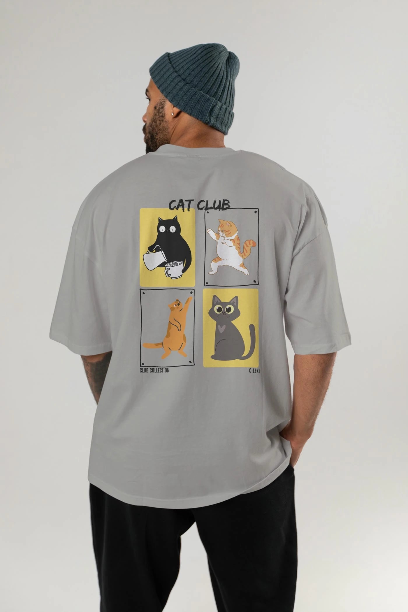 Cat Club Arka Baskılı Oversize t-shirt Erkek Kadın %100 Pamuk Bisiklet Yaka tişort