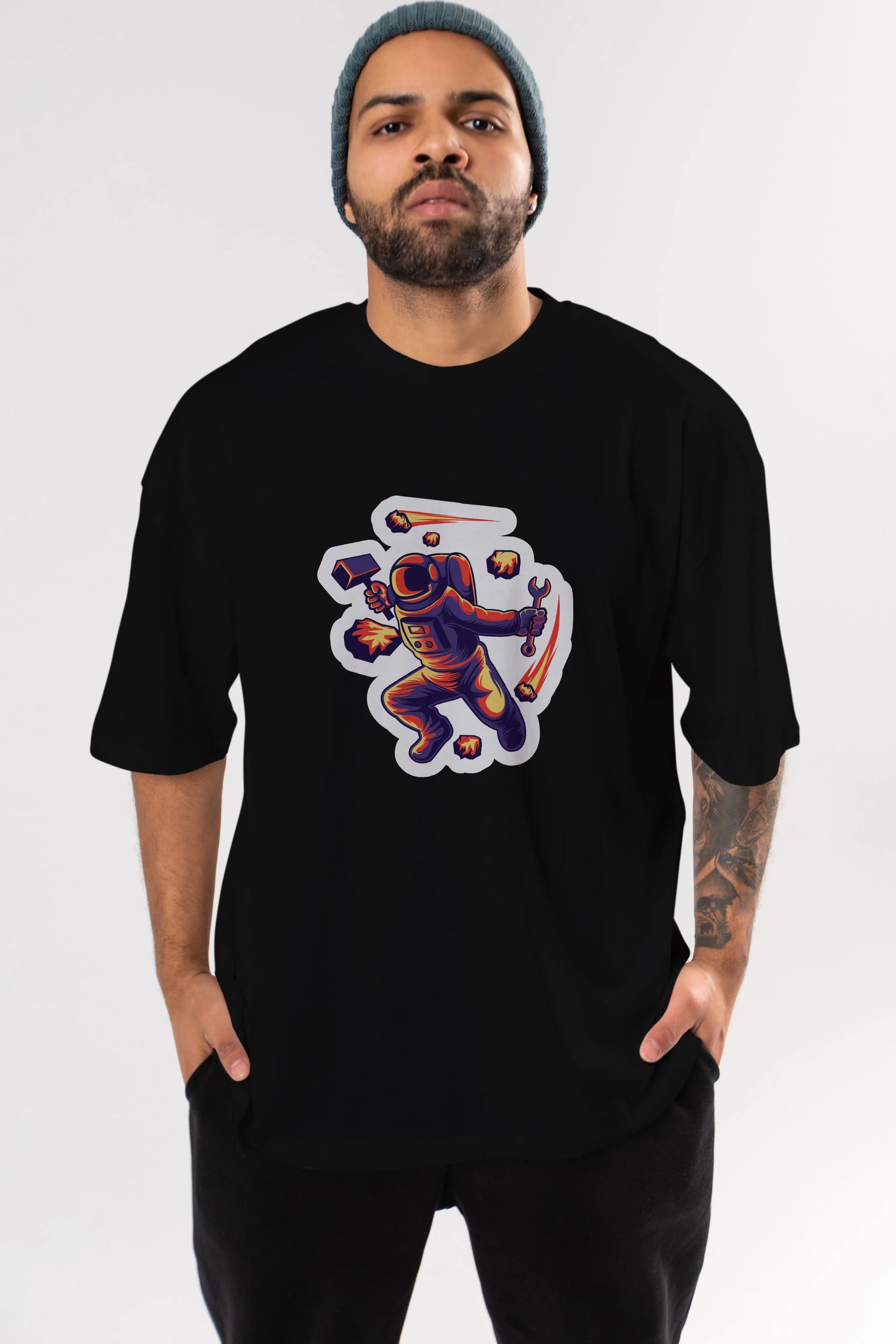Astronaut Block Meteor Sticker Ön Baskılı Oversize t-shirt Erkek Kadın Unisex
