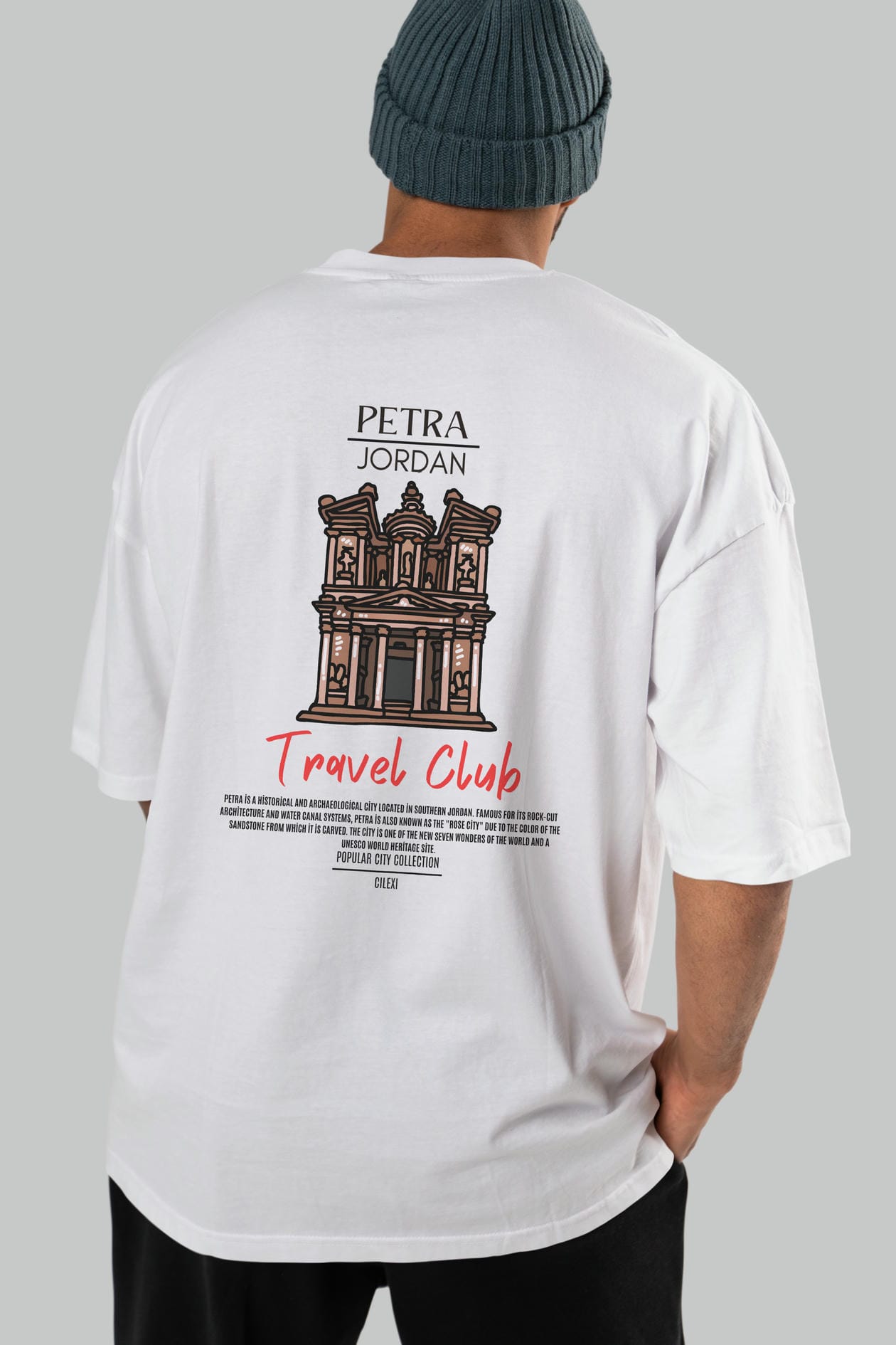 Petra Jordan Arka Baskılı Oversize t-shirt Erkek Kadın Pamuk Bisiklet Yaka tişort