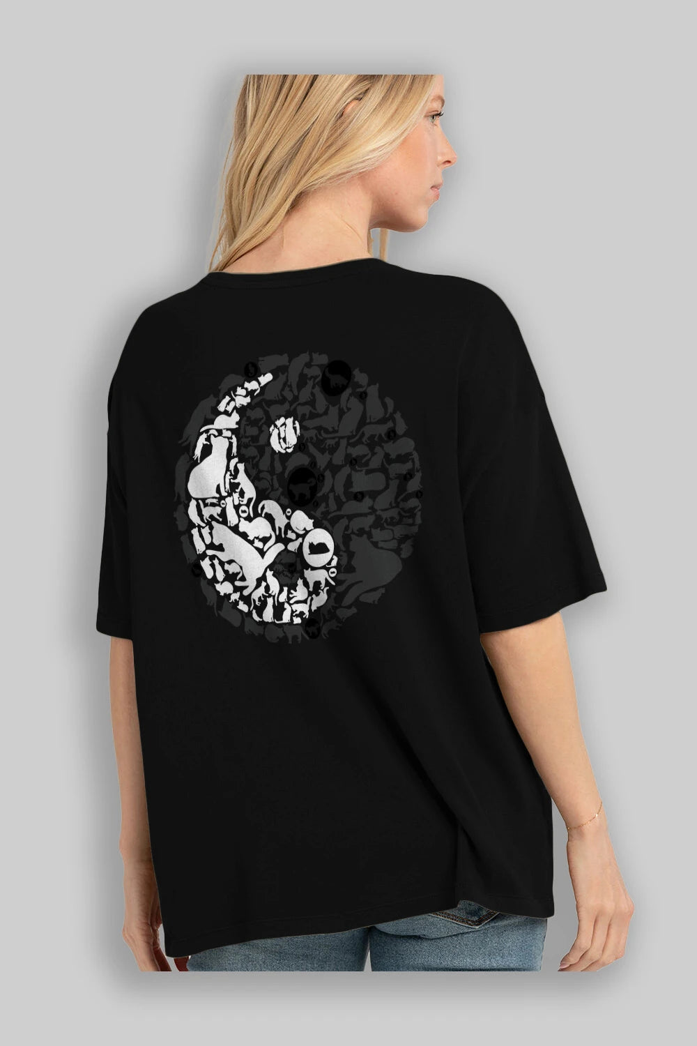 YinYang Cats Arka Baskılı Oversize t-shirt %100 pamuk Erkek Kadın Unisex