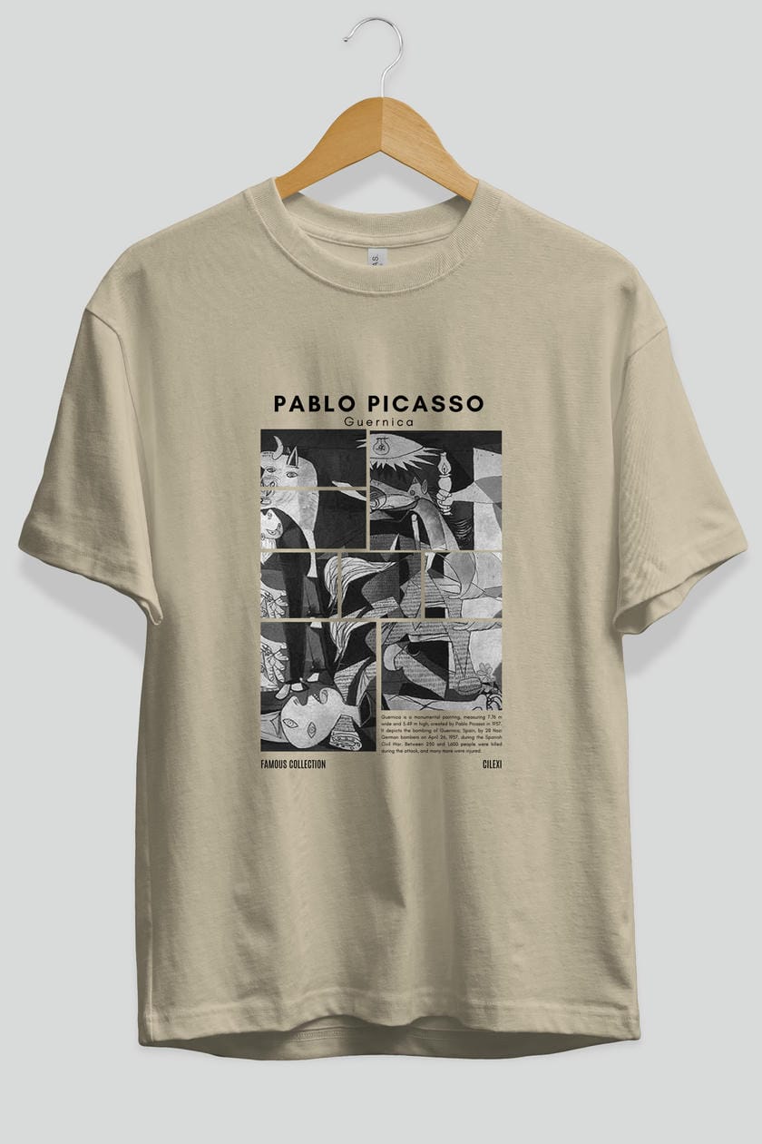 Pablo Picasso Guernica ön Baskılı Oversize t-shirt Erkek Kadın Bisiklet Yaka Pamuk tişort