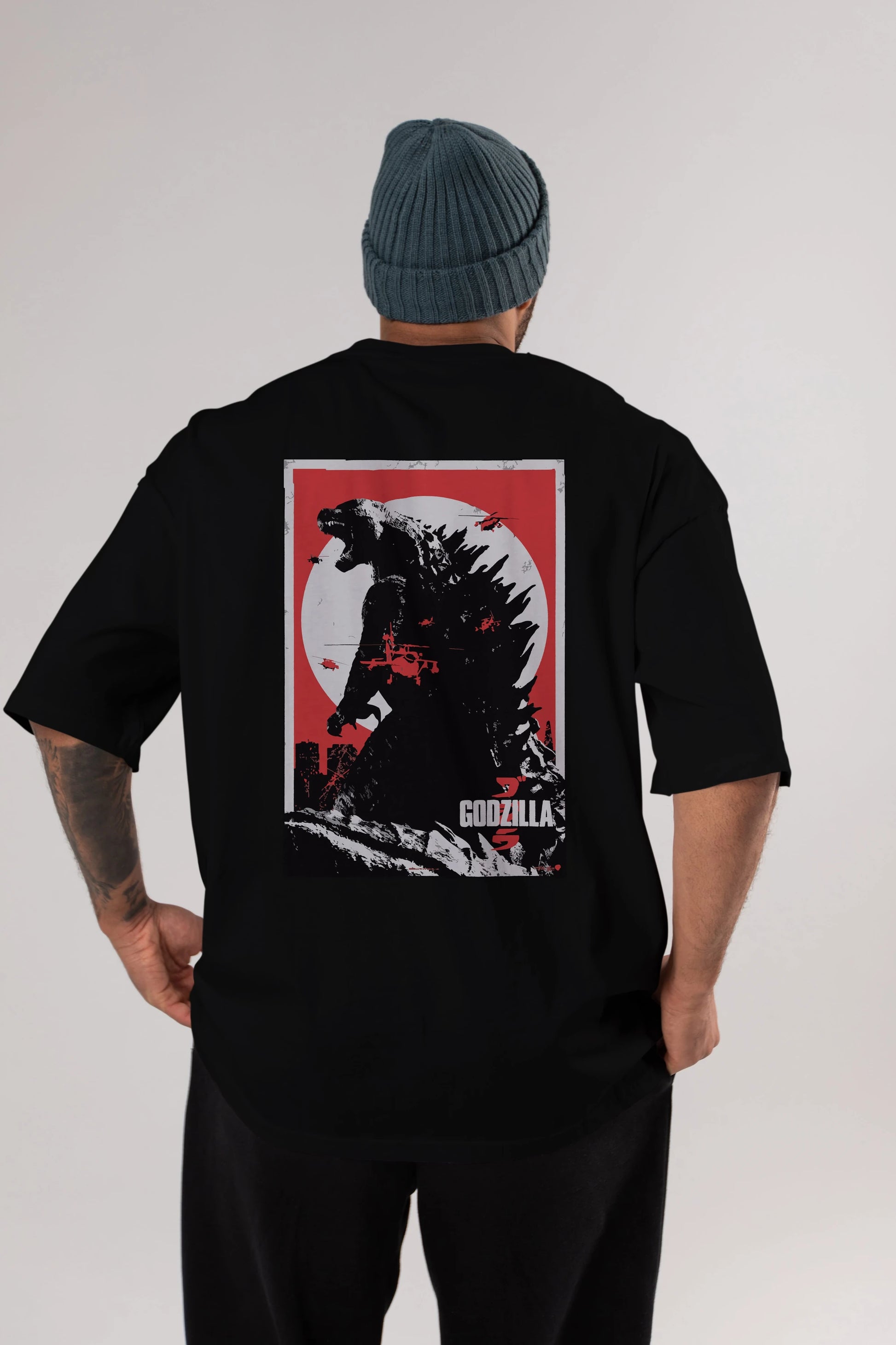 Godzilla (2) Arka Baskılı Oversize t-shirt Erkek Kadın Unisex %100 Pamuk Bisiklet Yaka tişort