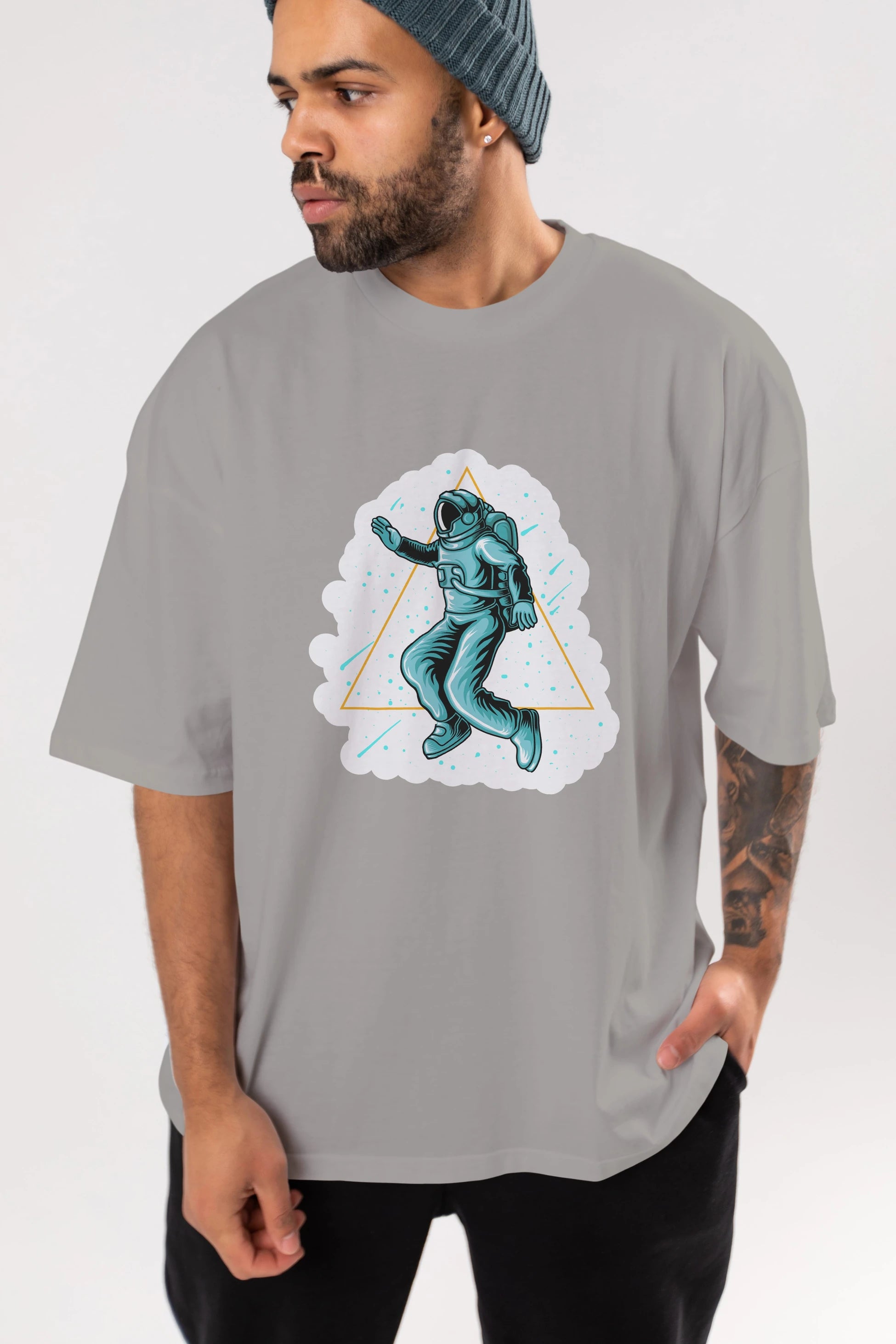 Astronaut Starry Triangle Sticker Ön Baskılı Oversize t-shirt Erkek Kadın Unisex