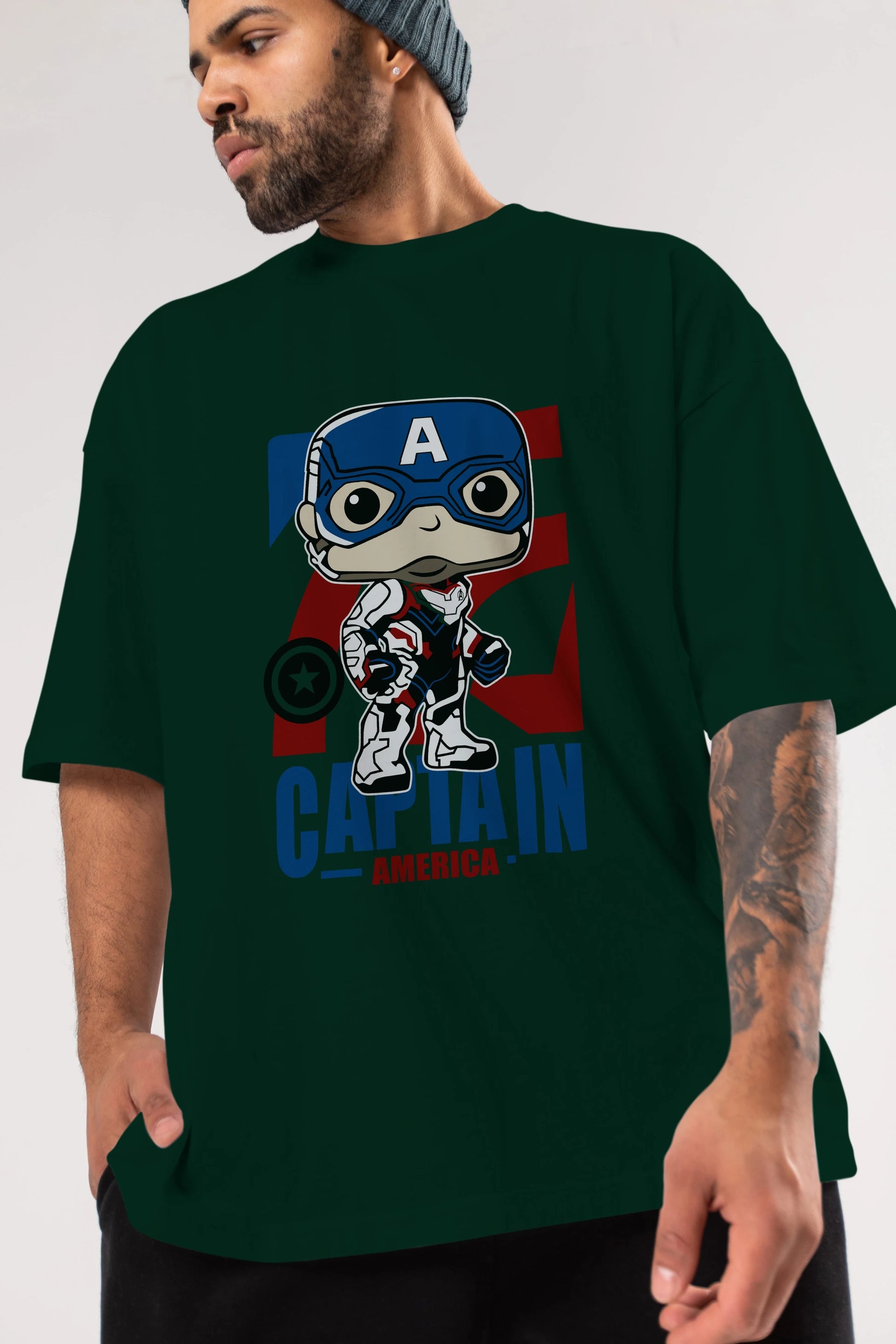 Captain America Ön Baskılı Oversize t-shirt Erkek Kadın Unisex %100 Pamuk Bisiklet Yaka tişort