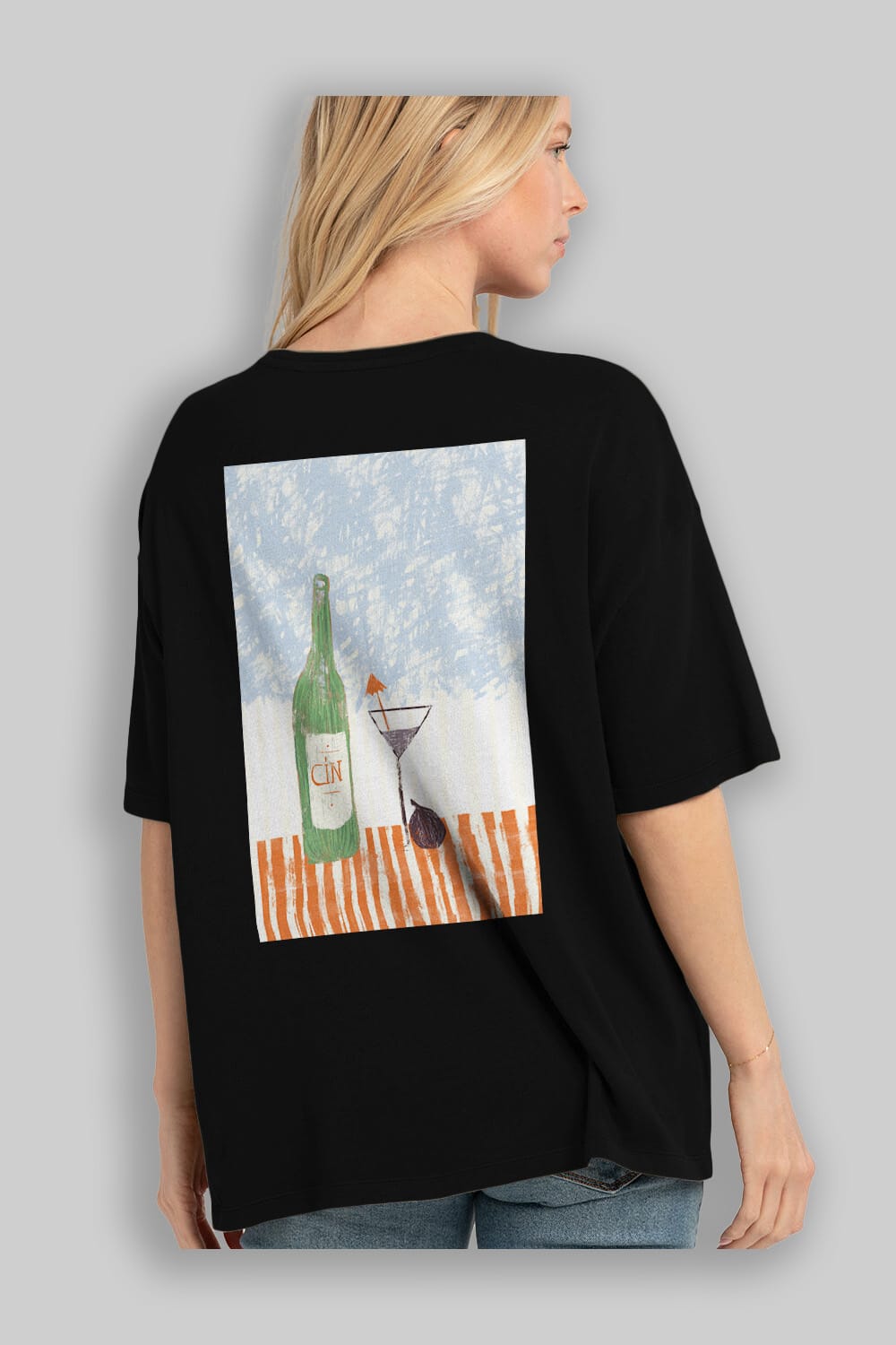 Gin Arka Baskılı Oversize t-shirt Erkek Kadın Unisex %100 Pamuk Bisiklet Yaka tişort