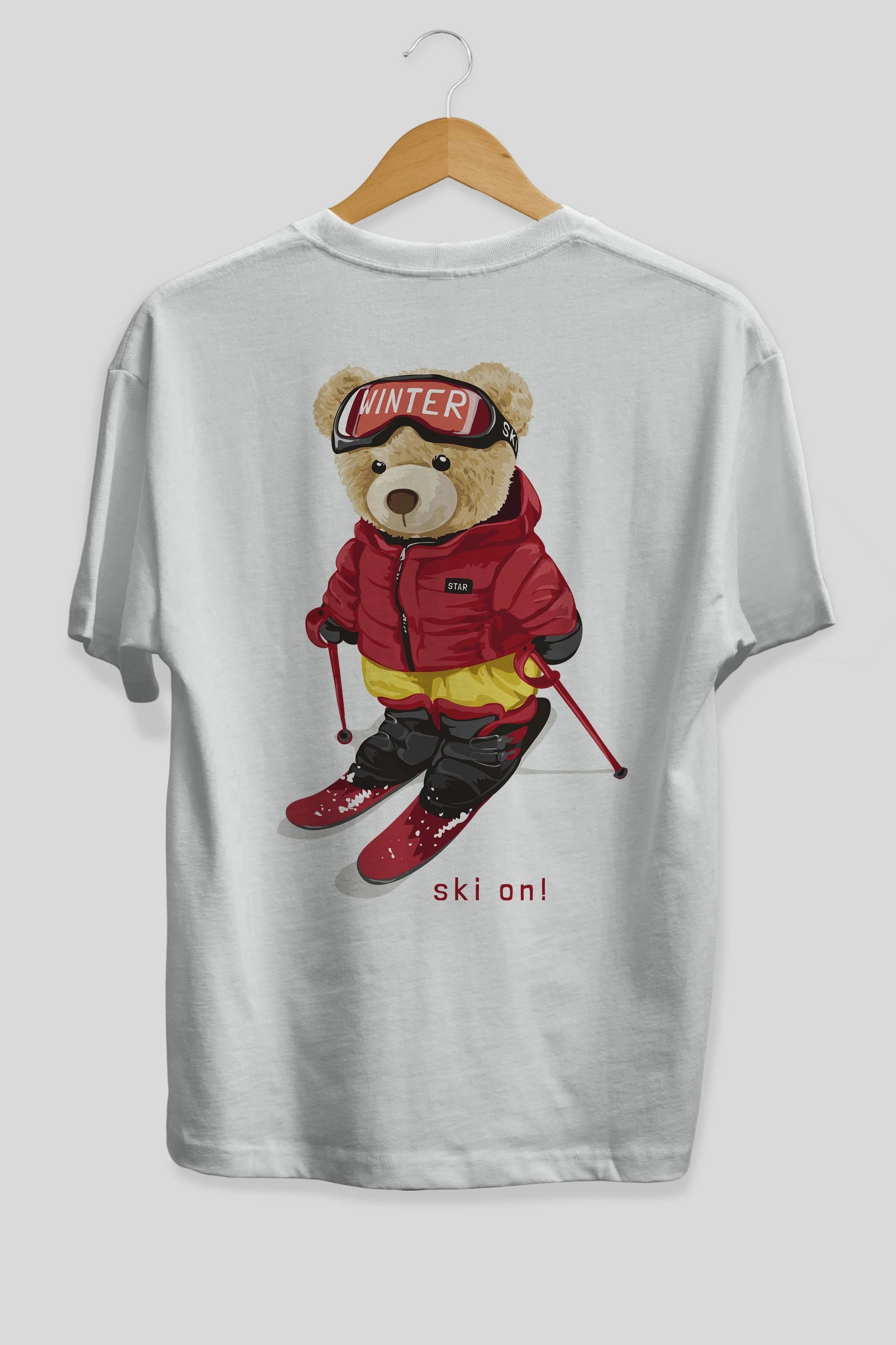 Teddy Bear Ski On Arka Baskılı Oversize t-shirt Erkek Kadın Unisex %100 Pamuk